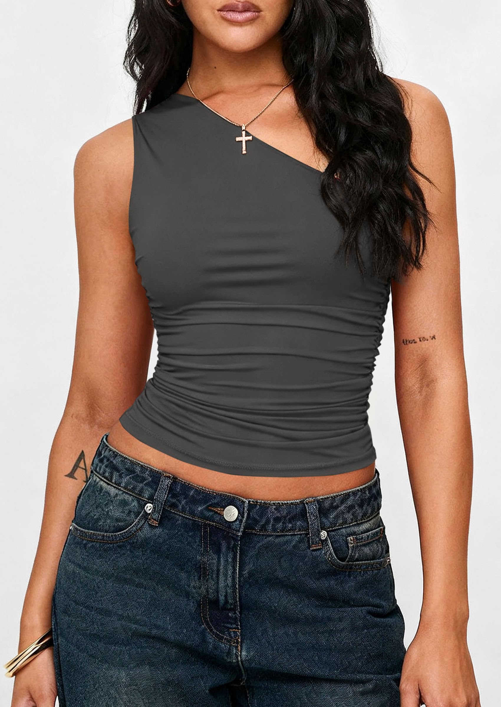 Womens Sleeveless One Shoulder Fitted Y2k Tops,Dark Grey,XS