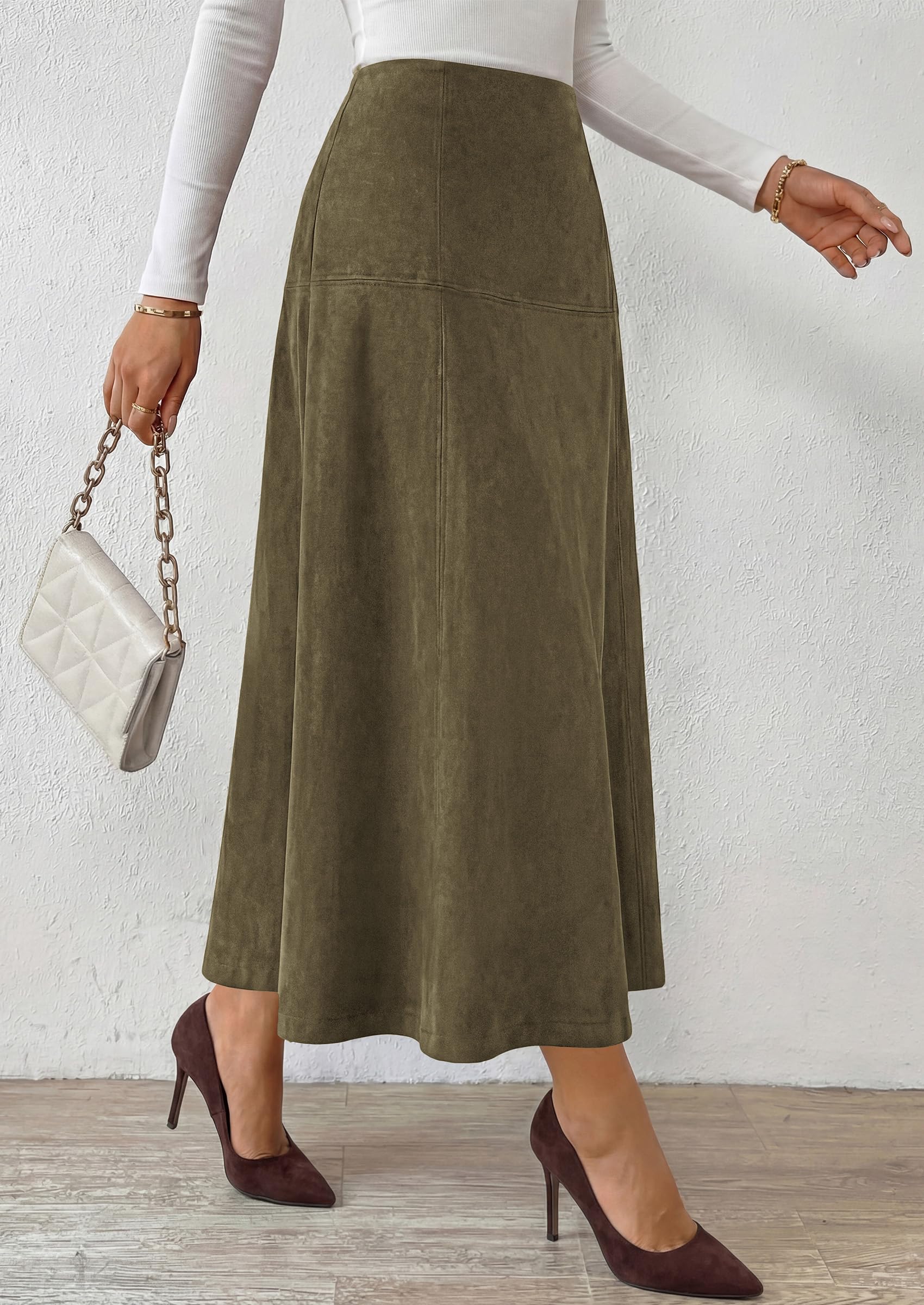 Womens High Waist Faux Suede A Line Midi Skirt,Army Green,S
