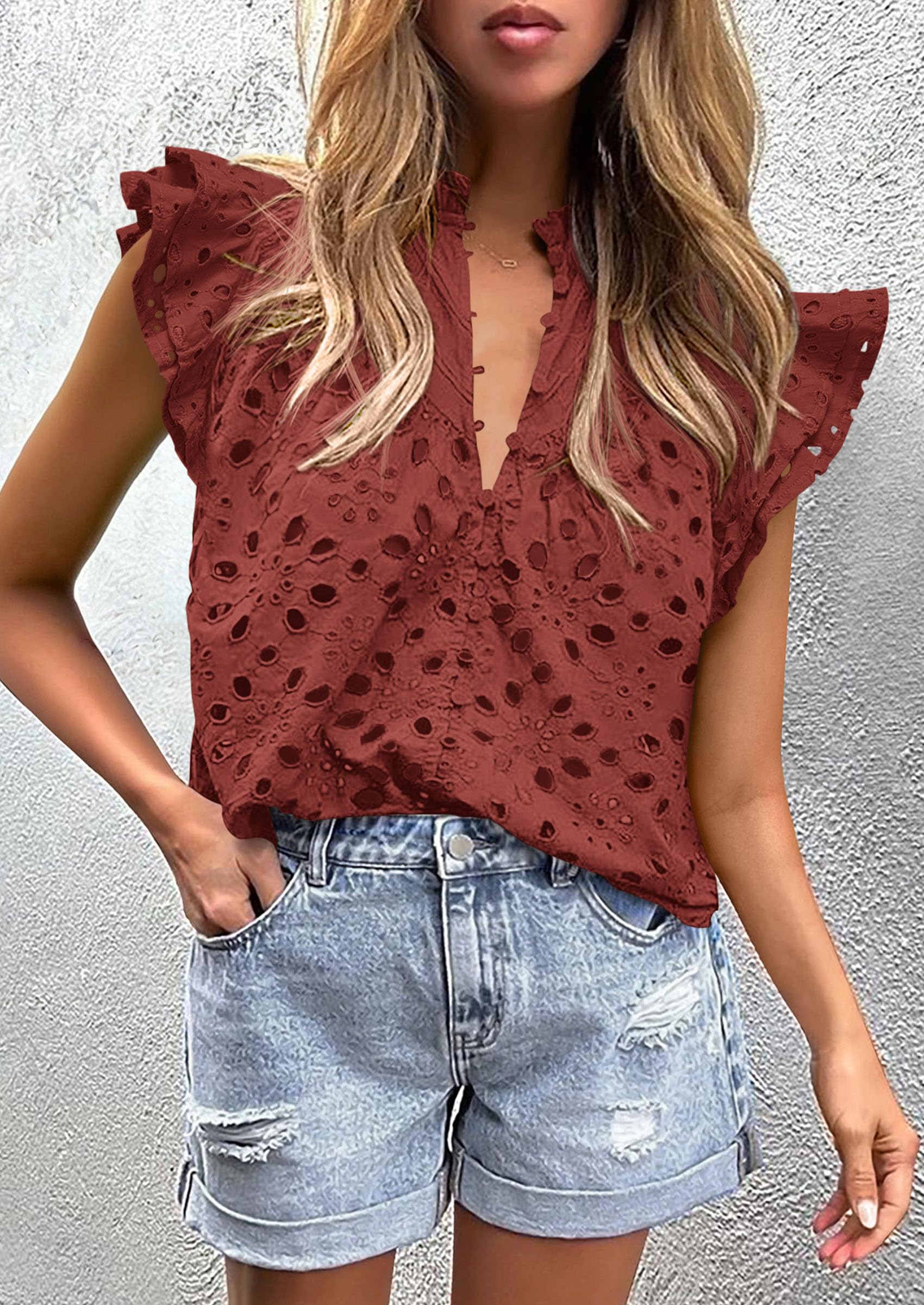 Women's Eyelet V Neck Summer Tops Dressy Casual Brown Red,L