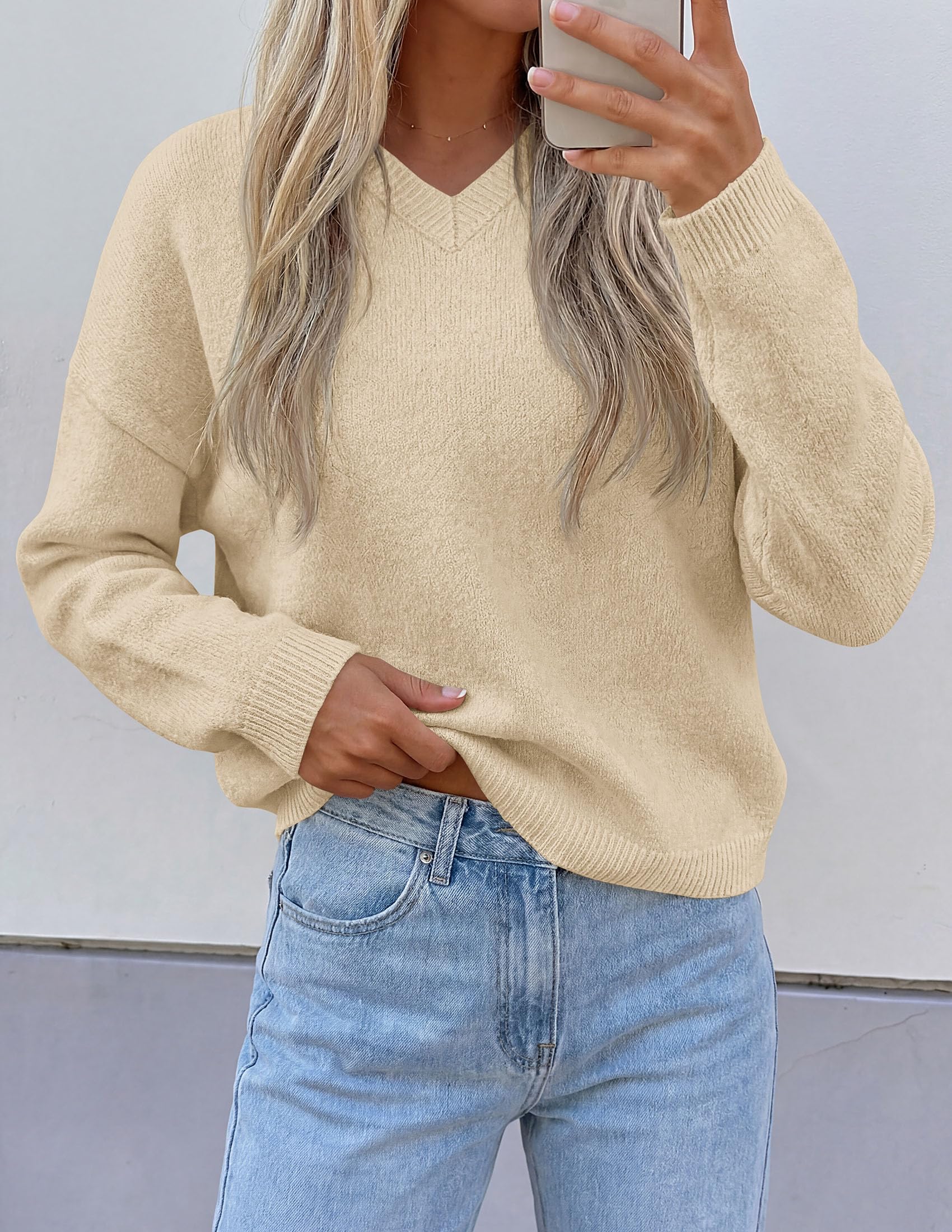 Women's Cozy Sweaters Fall Fashion V Neck Tops Beige,M