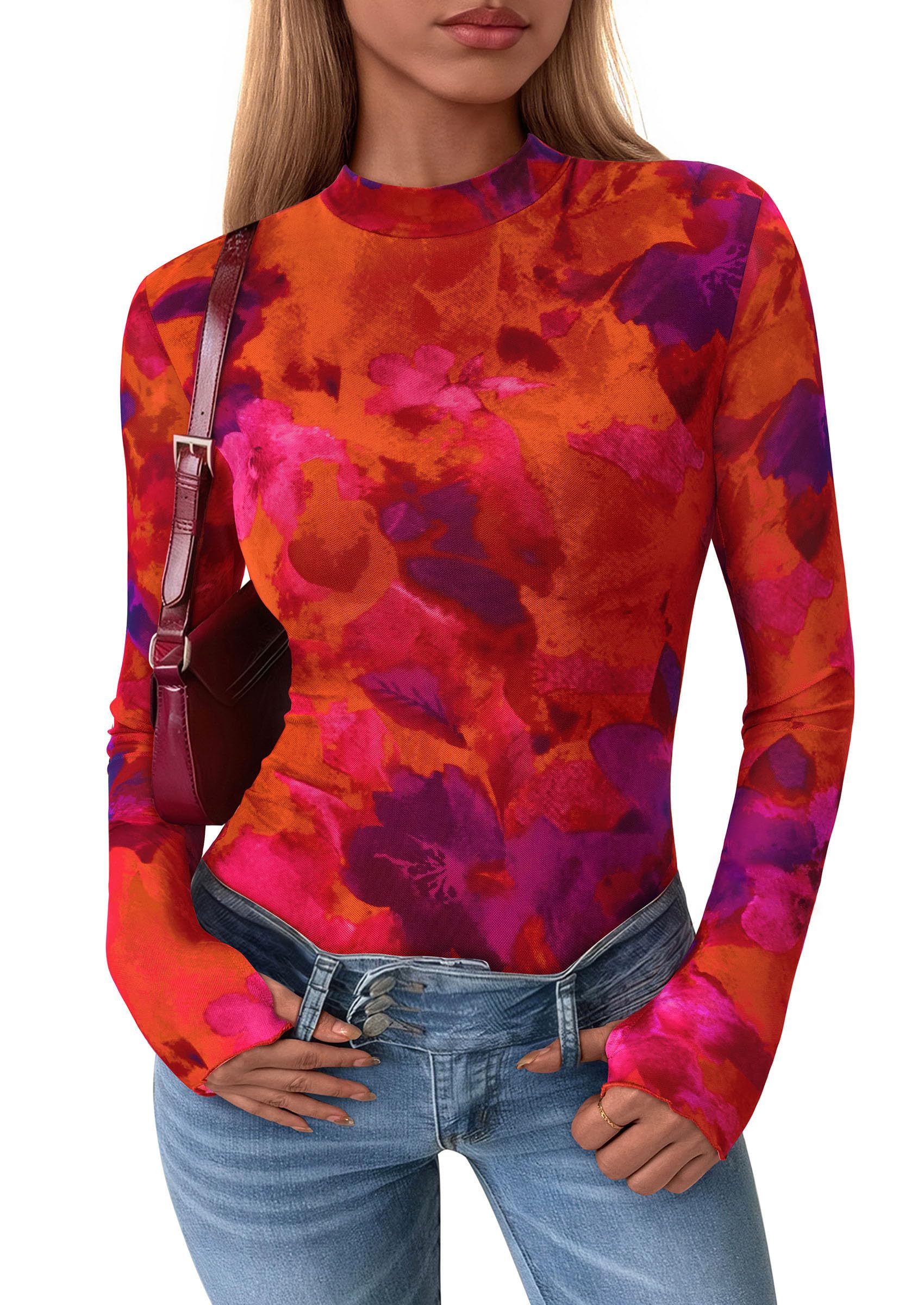 Womens Floral Mesh Long Sleeve Tops Fall Slim Fitted Shirts