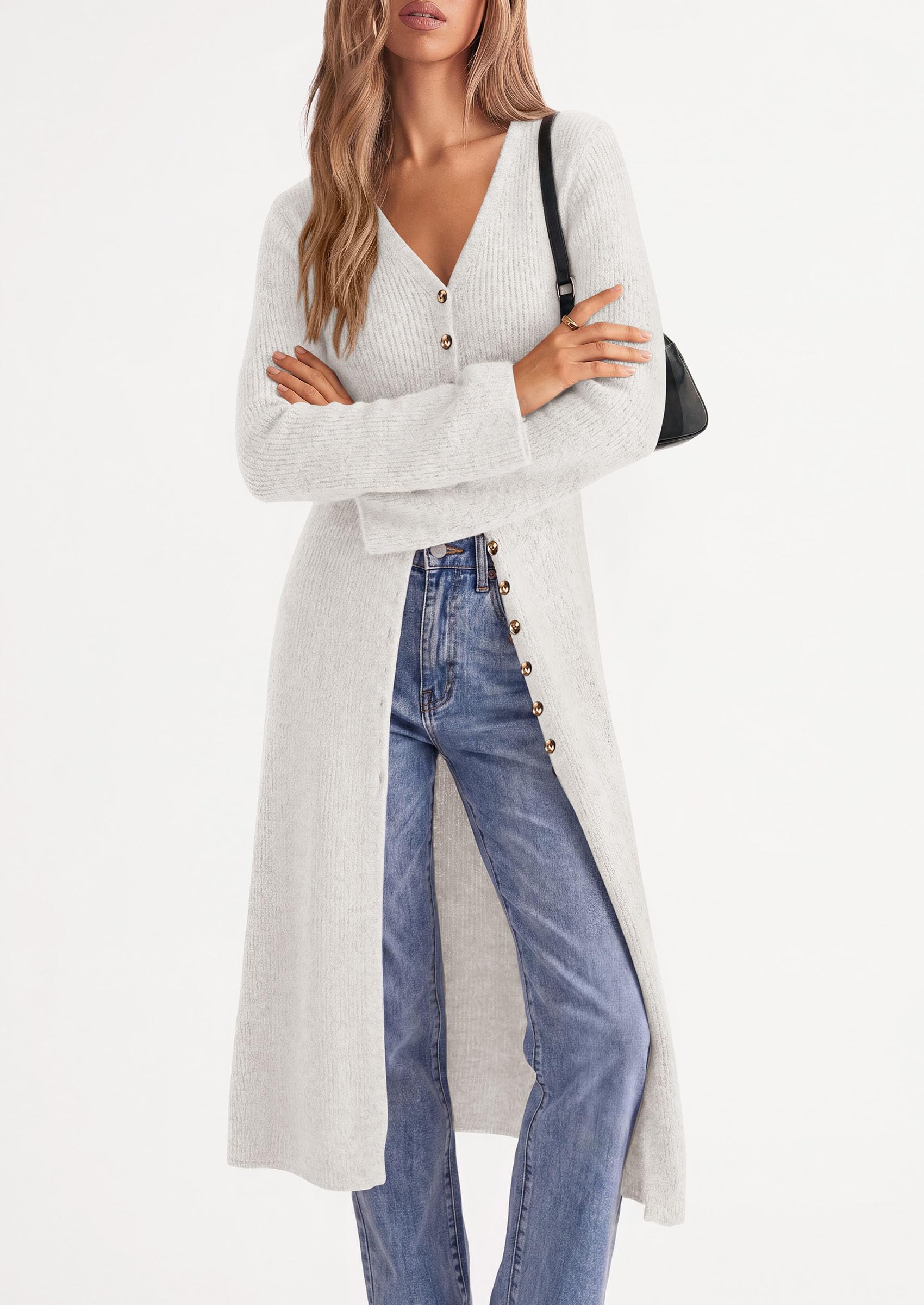 Women Long Cardigan Bell Sleeve Sweater Dress (White,S)