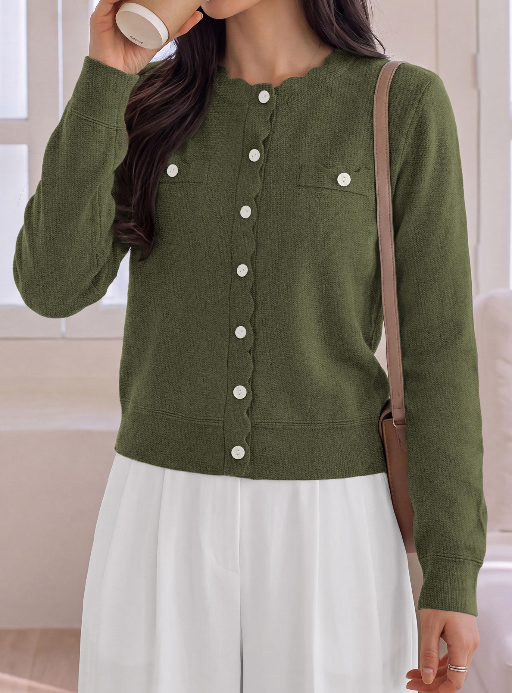 Womens Lightweight Cardigan Sweaters Scalloped Trim Fall Tops