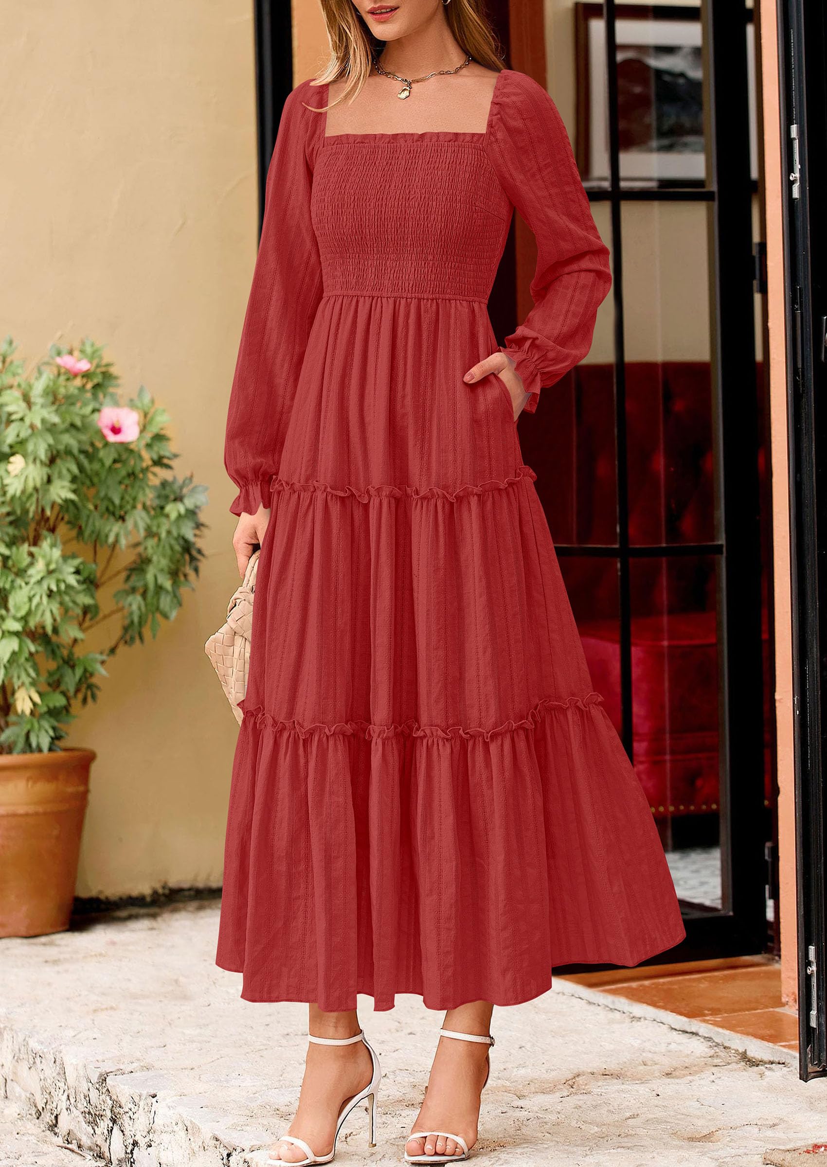 Women's Long Sleeve Ruffle Flowy Maxi Dress,Red,S