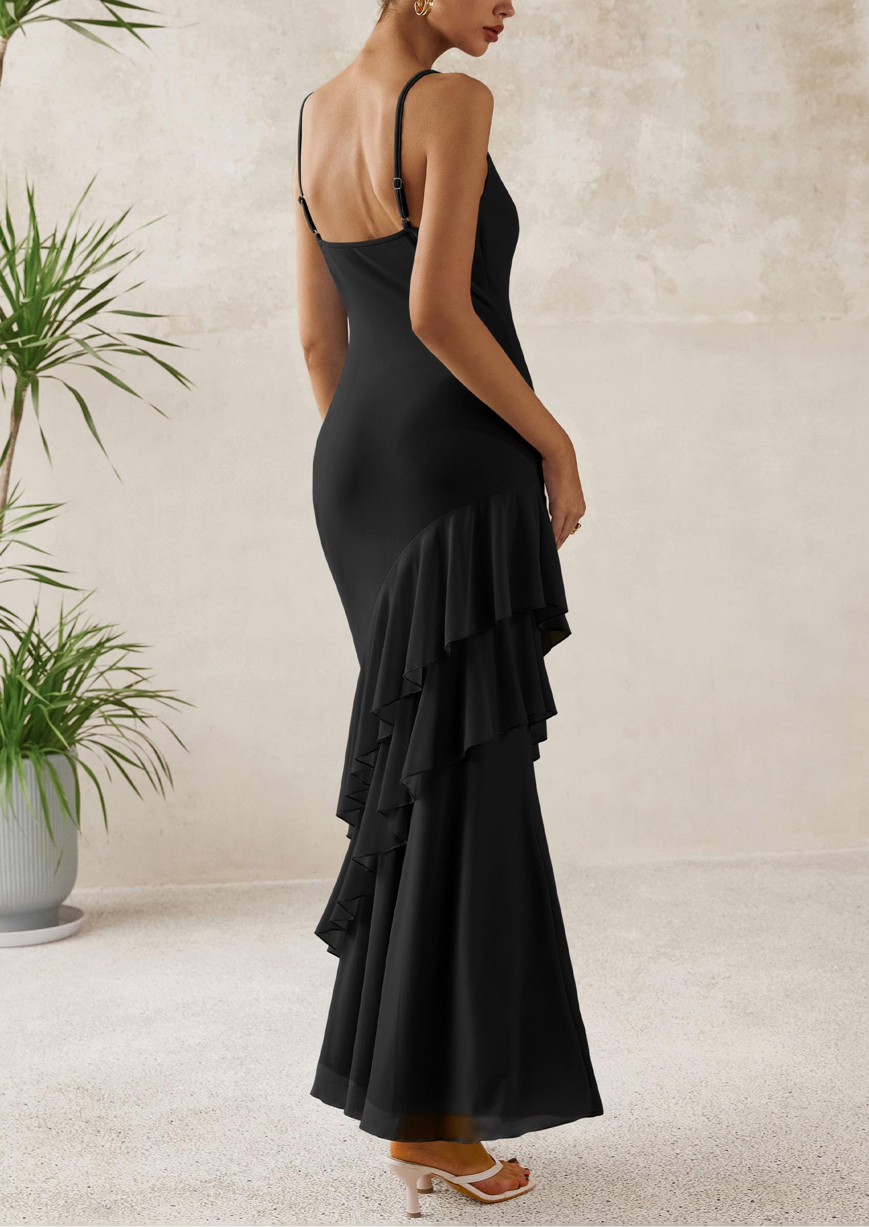 Women's Boho Floral Tiered Maxi Dress, Solid Black,XS