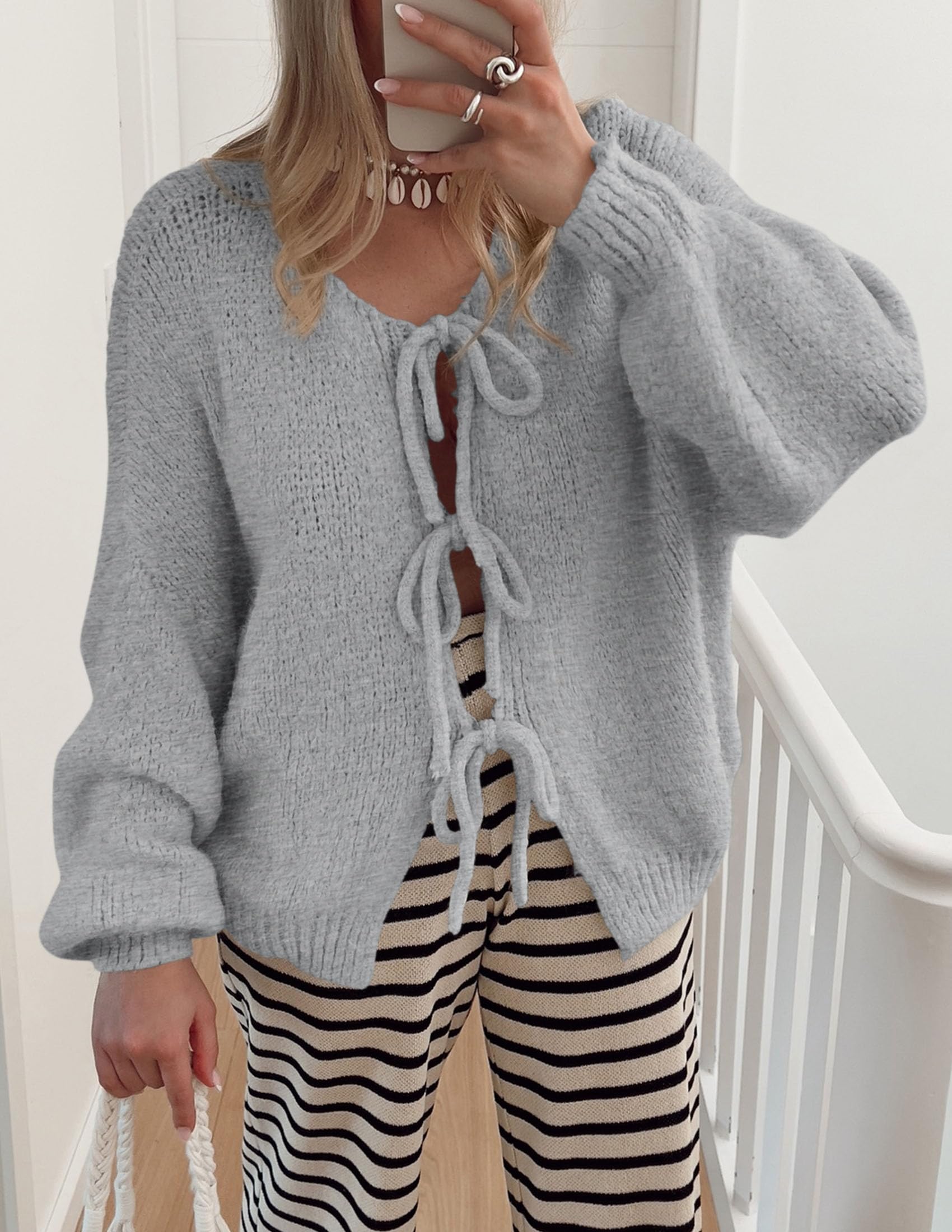 Women's Tie Front Bow Cardigan Sweaters(Light Grey,Small)