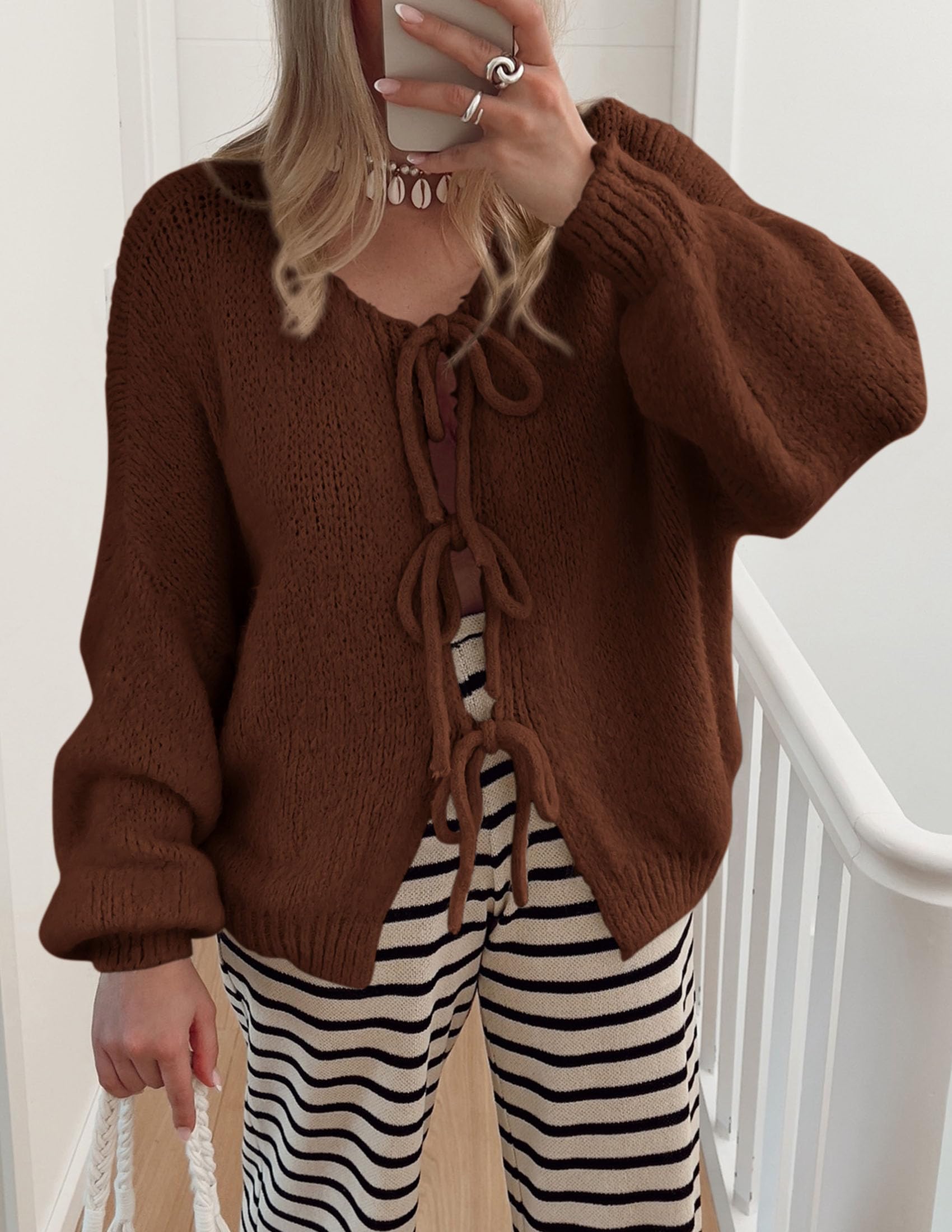 Women's Tie Front Bow Cardigan Sweaters(Caramel,Small)