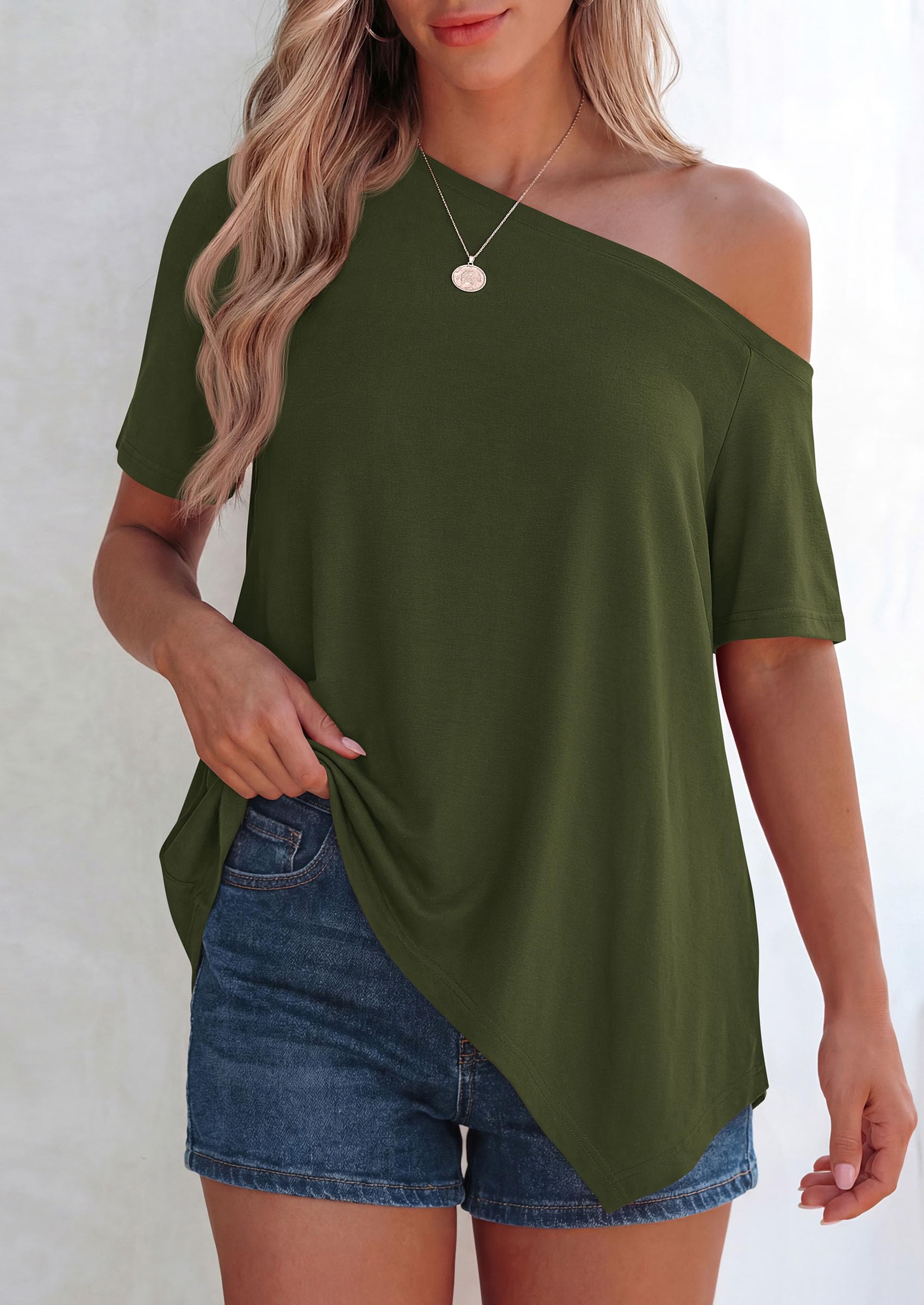 Off Shoulder Tops for Women Oversized Tshirts, Army Green,S