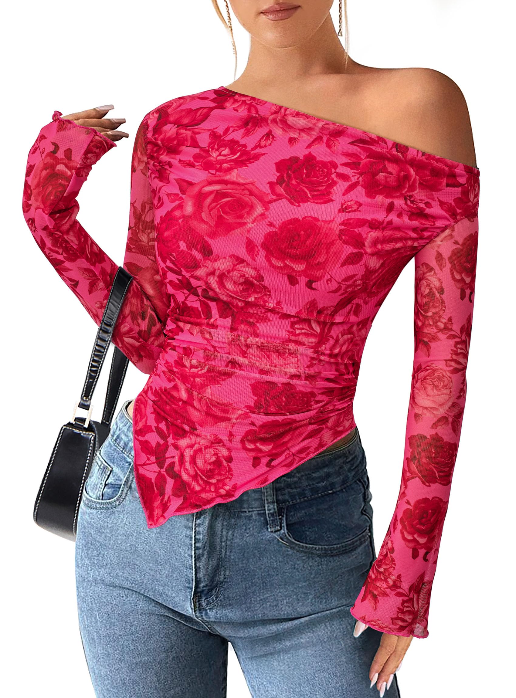 Womens Off Shoulder Mesh Y2k Tops,Rose Tan,XS