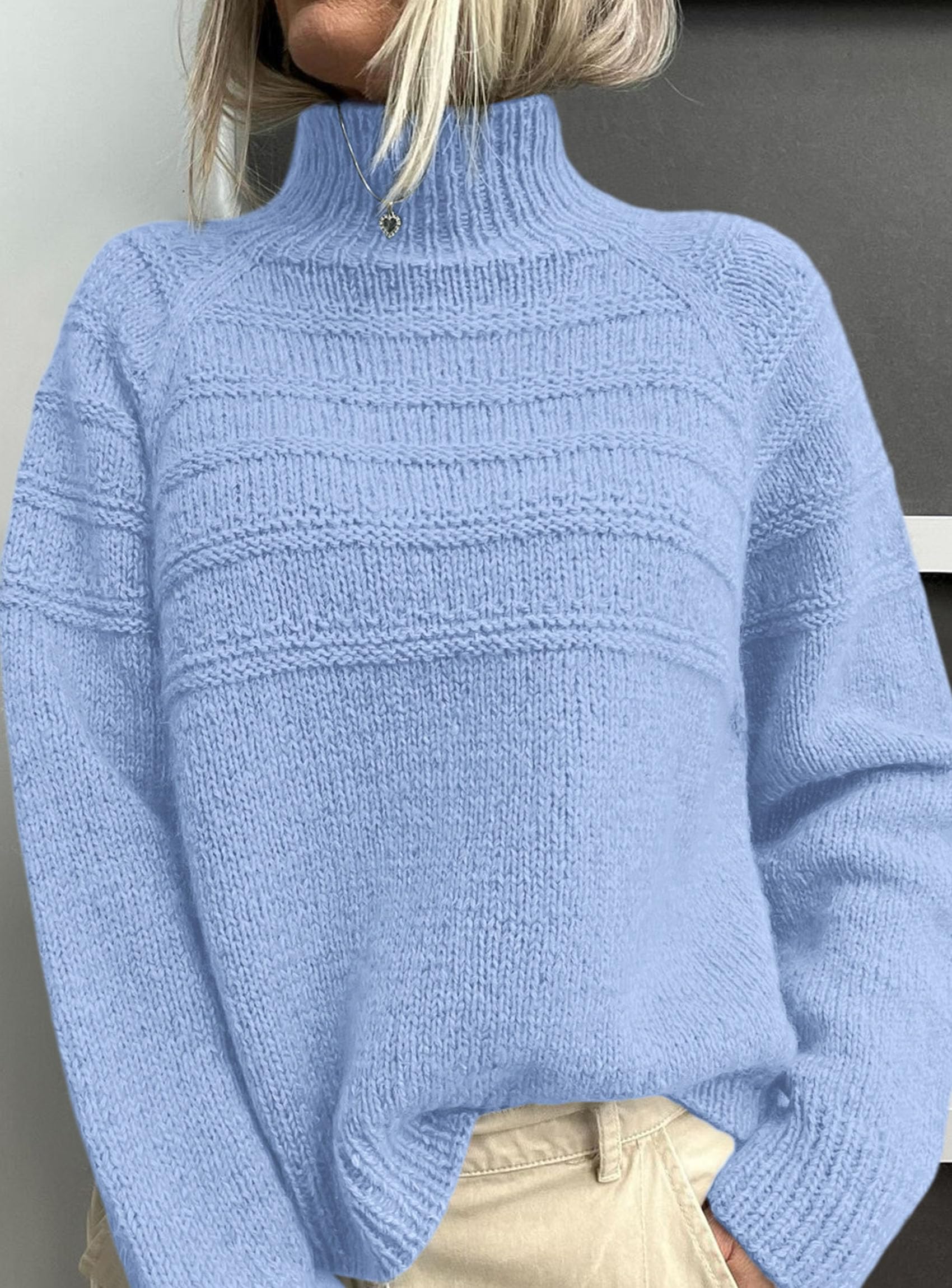 Women's Chunky Knit Mock Neck Pullover Sweaters,Light Blue,S