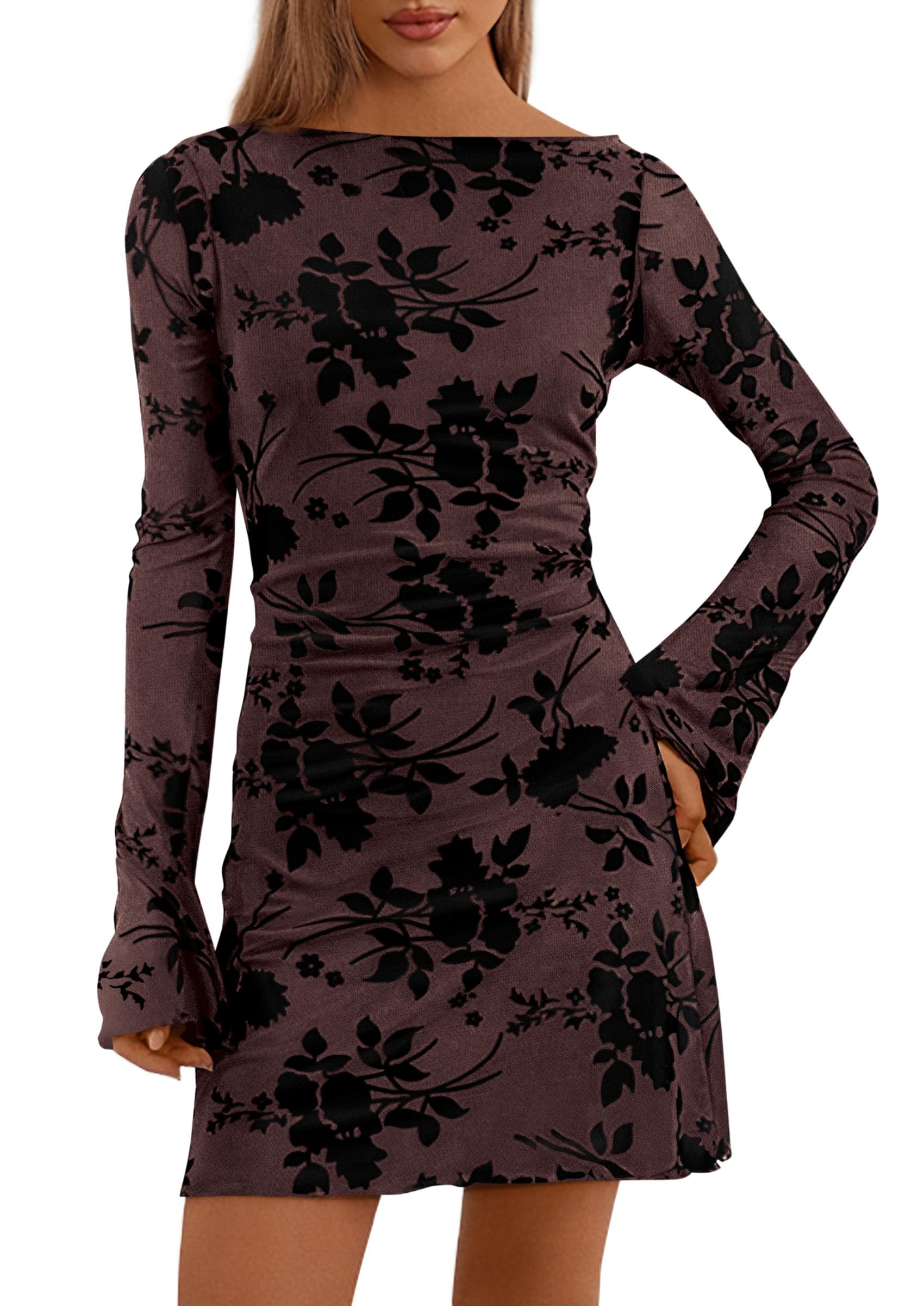 Women's Fall Floral Long Sleeve Mini Dress (Brown Black,XS)