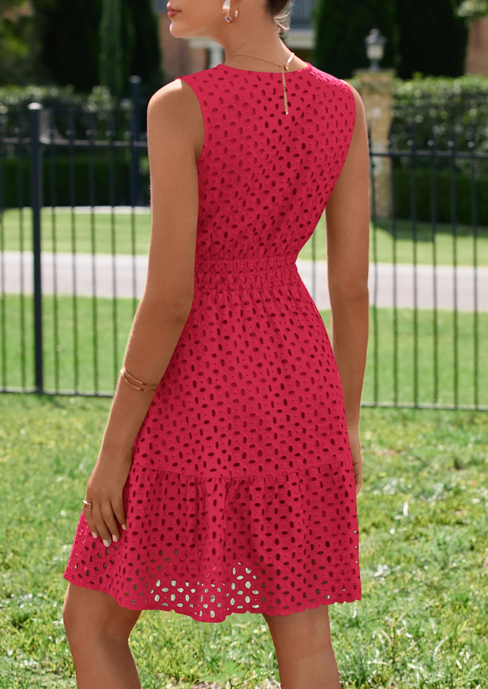 Women's Summer Eyelet A Line Short Dresses,Red,S