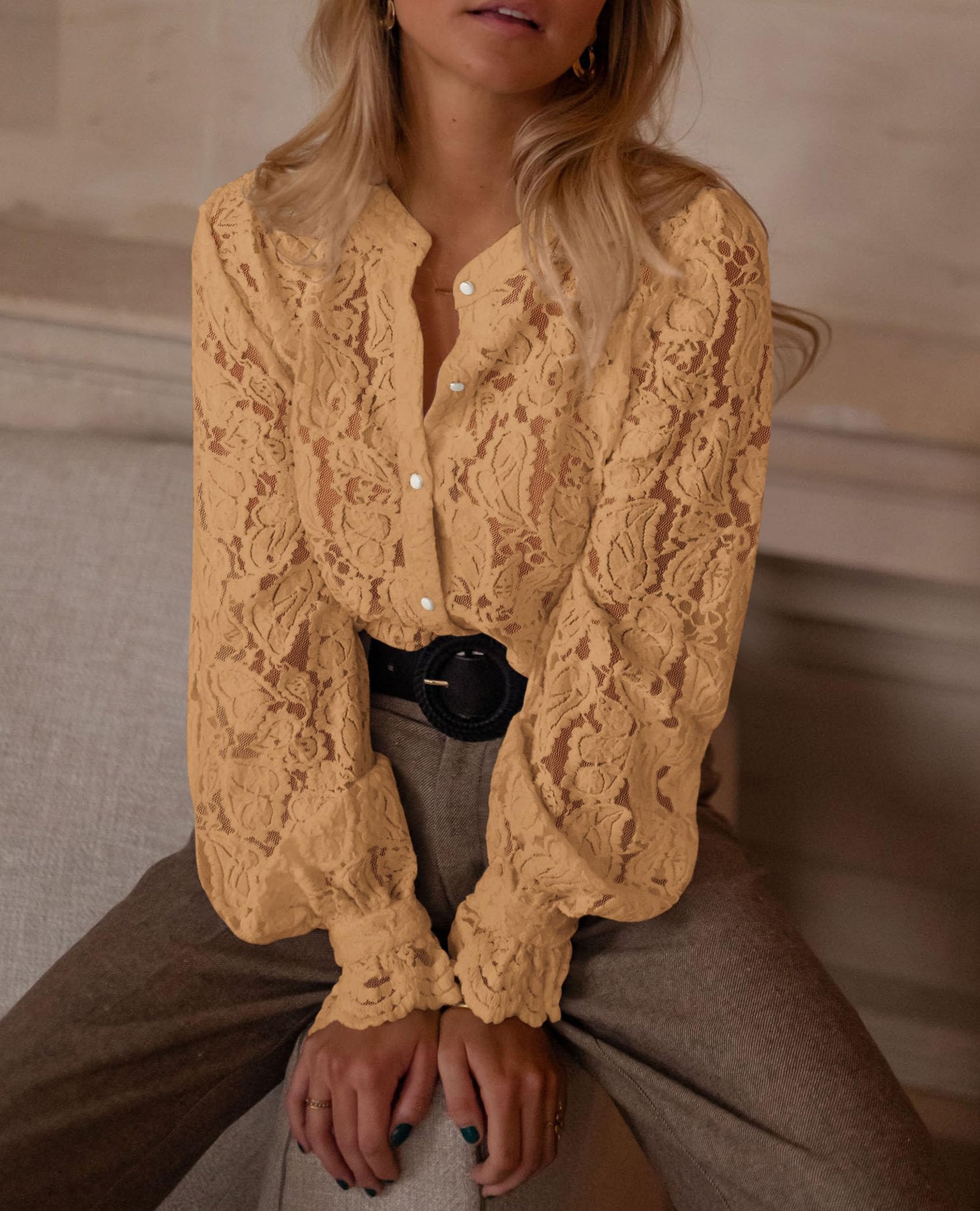Women's Fall Trendy Long Sleeve Lace Tops(Khaki,Small)