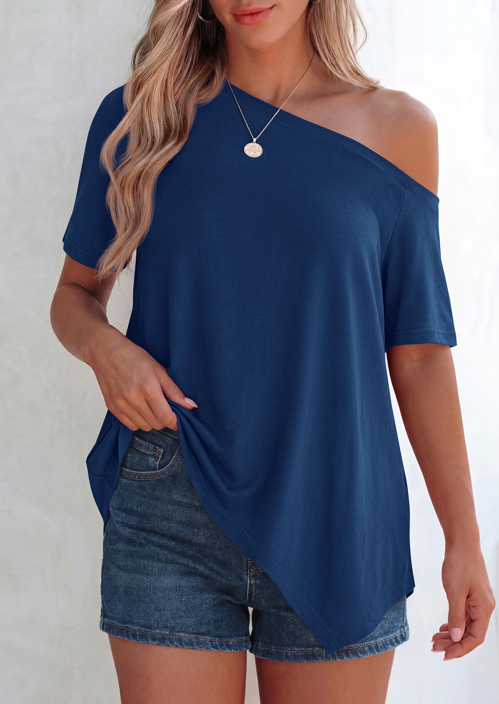 Off Shoulder Tops for Women Oversized Tshirts, Dusty Blue,S