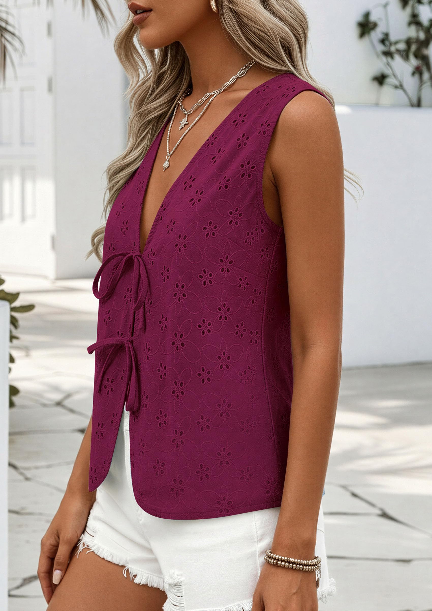 Women's Summer Eyelet Lace Tie Front Vest Tops (Burgundy,S)