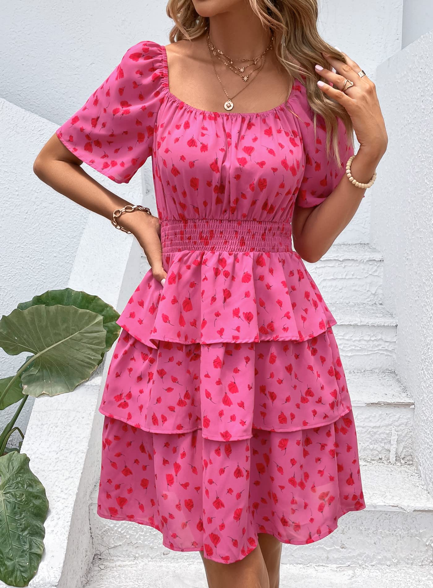 Women's Summer Floral Ruffle Short Dress Red Floral,S