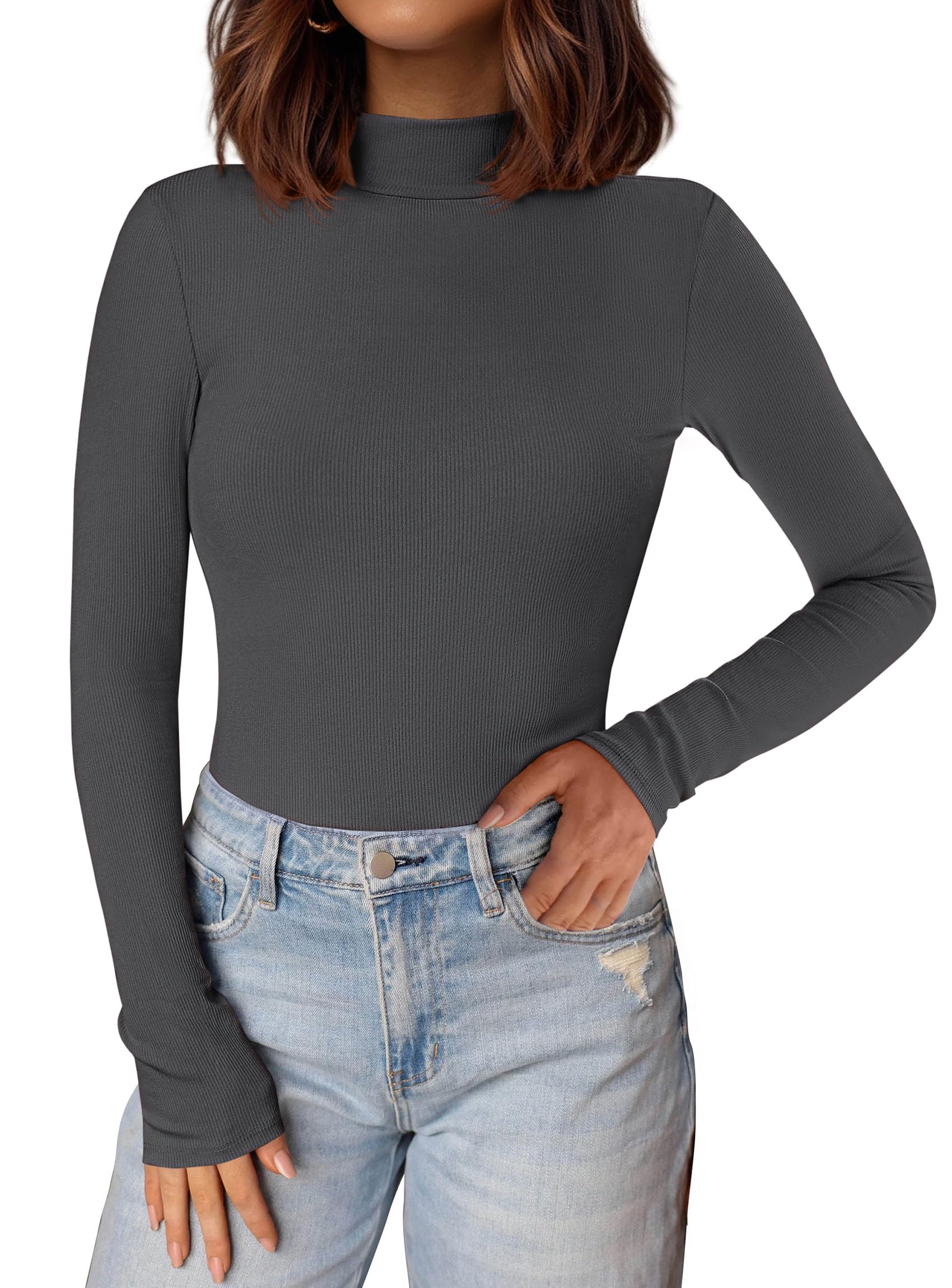 Womens Mock Turtleneck Fall Long Sleeve Shirts,Dark Grey,XS
