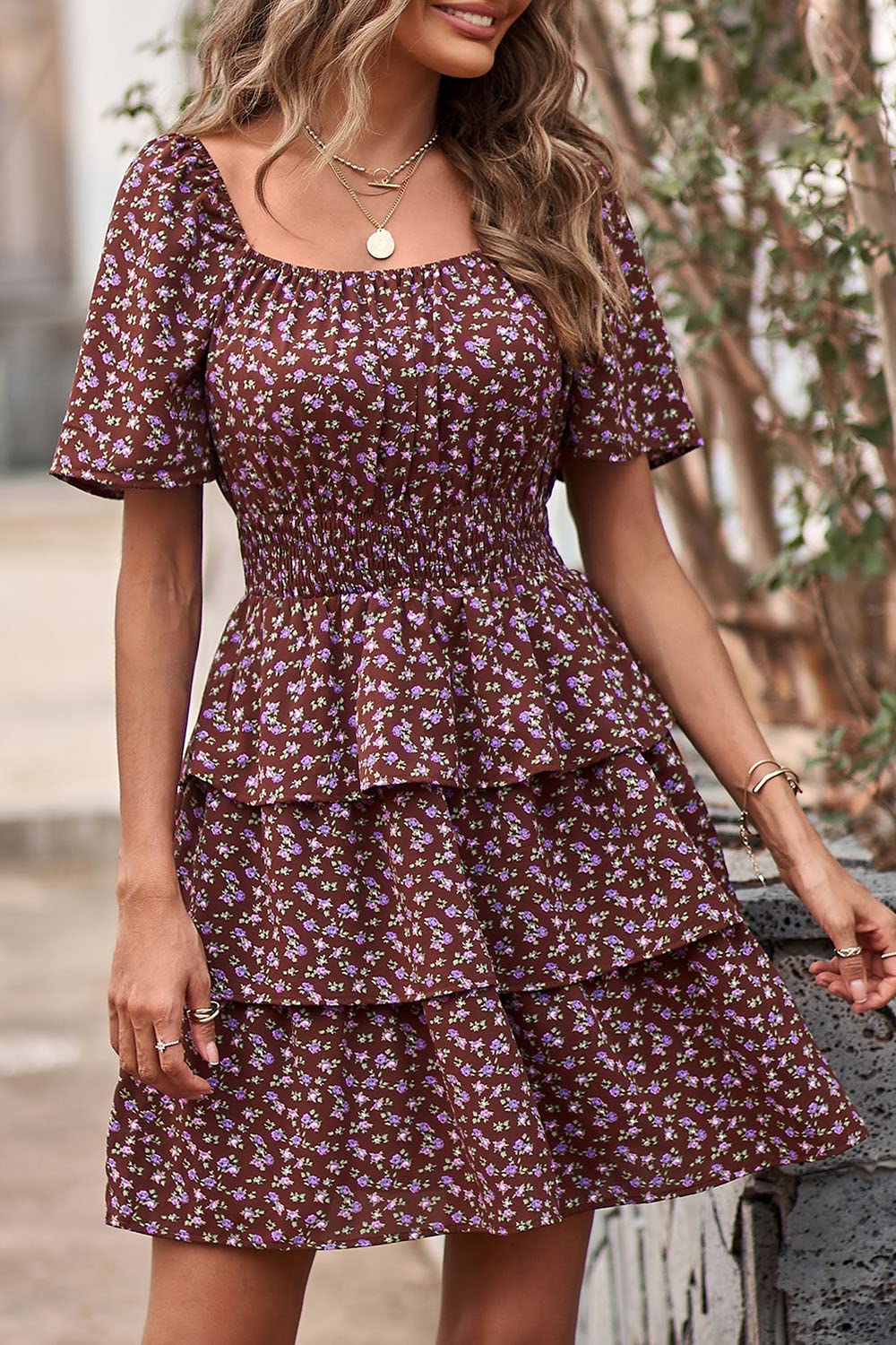 Women's Summer Floral Ruffle Short Dress Coffee,S