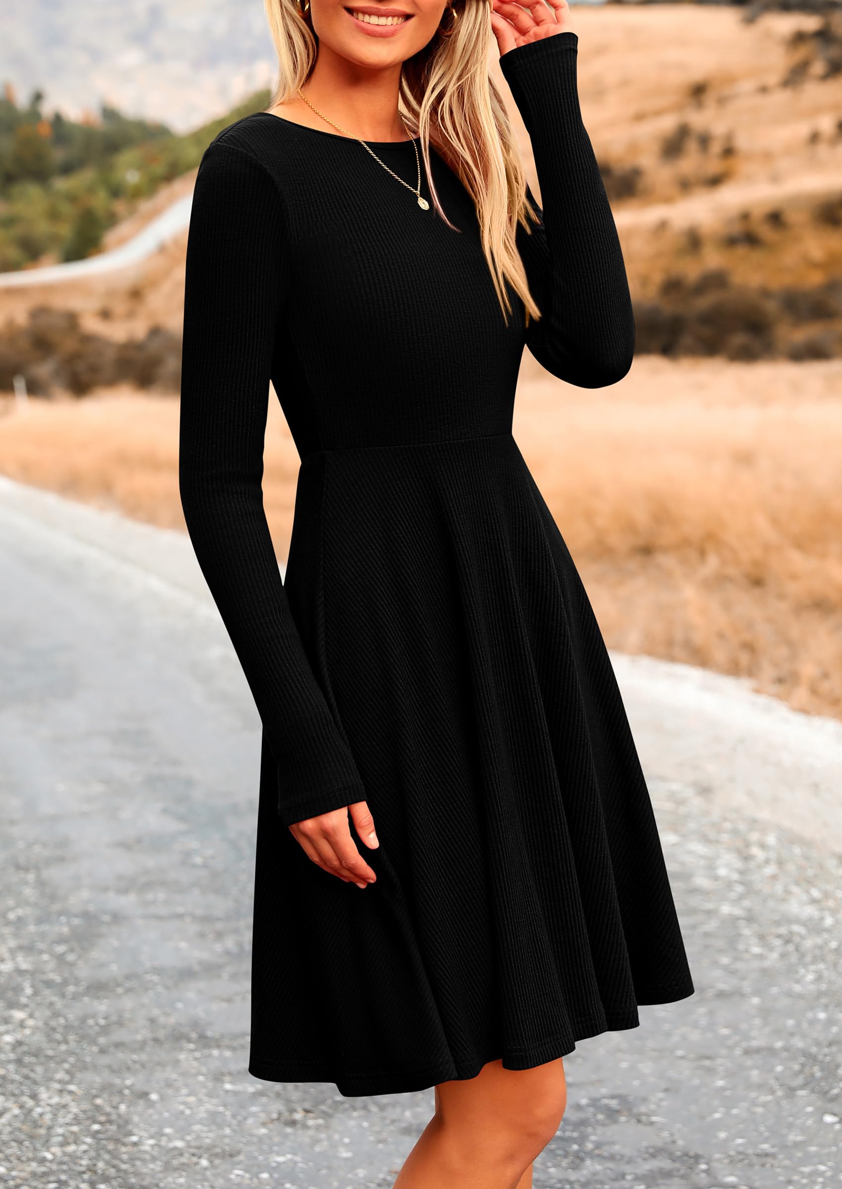 Women's Fall Casual Long Sleeve Short Dress (Black,S)