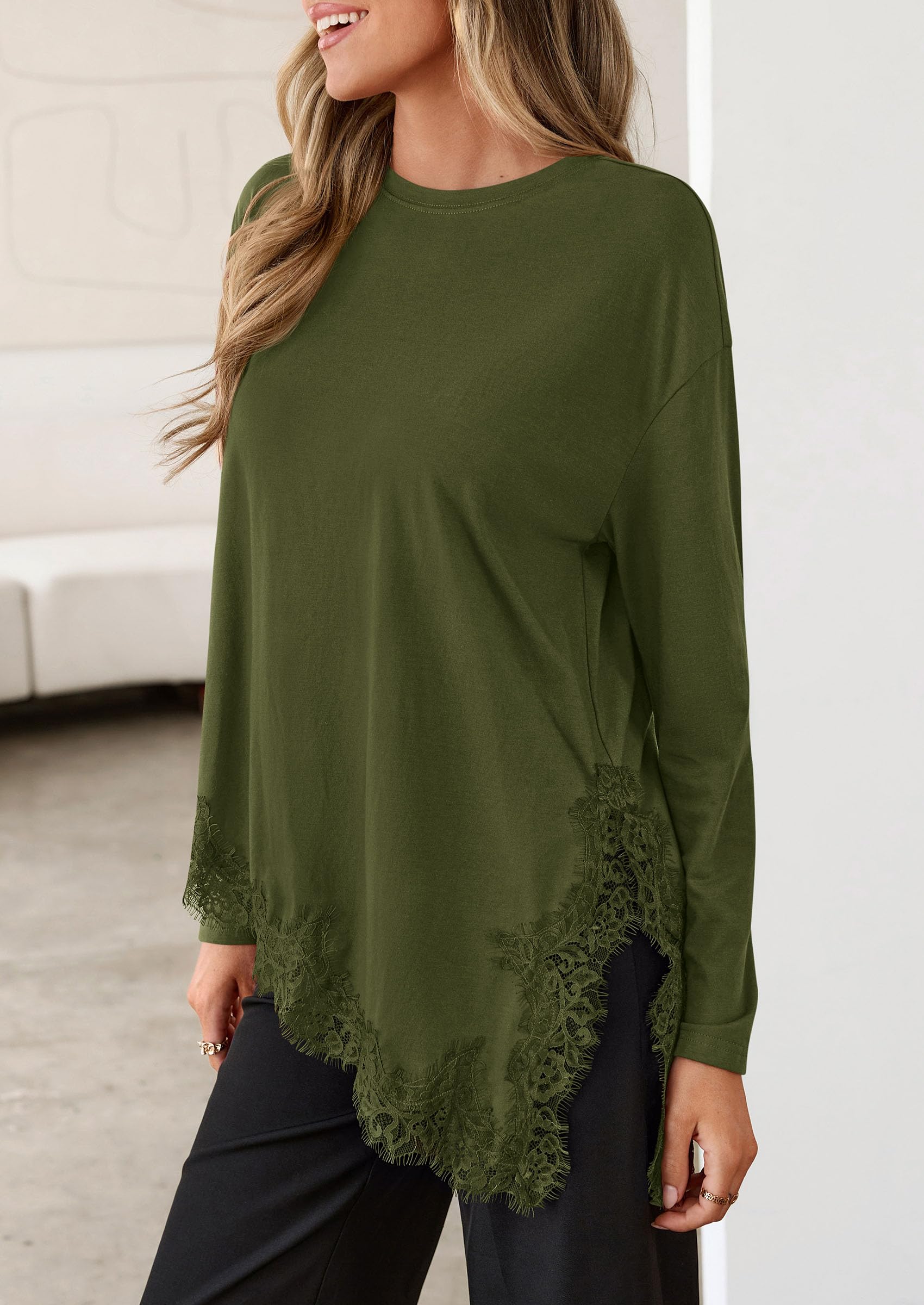 Women's Long Sleeve Asymmetrical Lace Tops Oversized Tshirts
