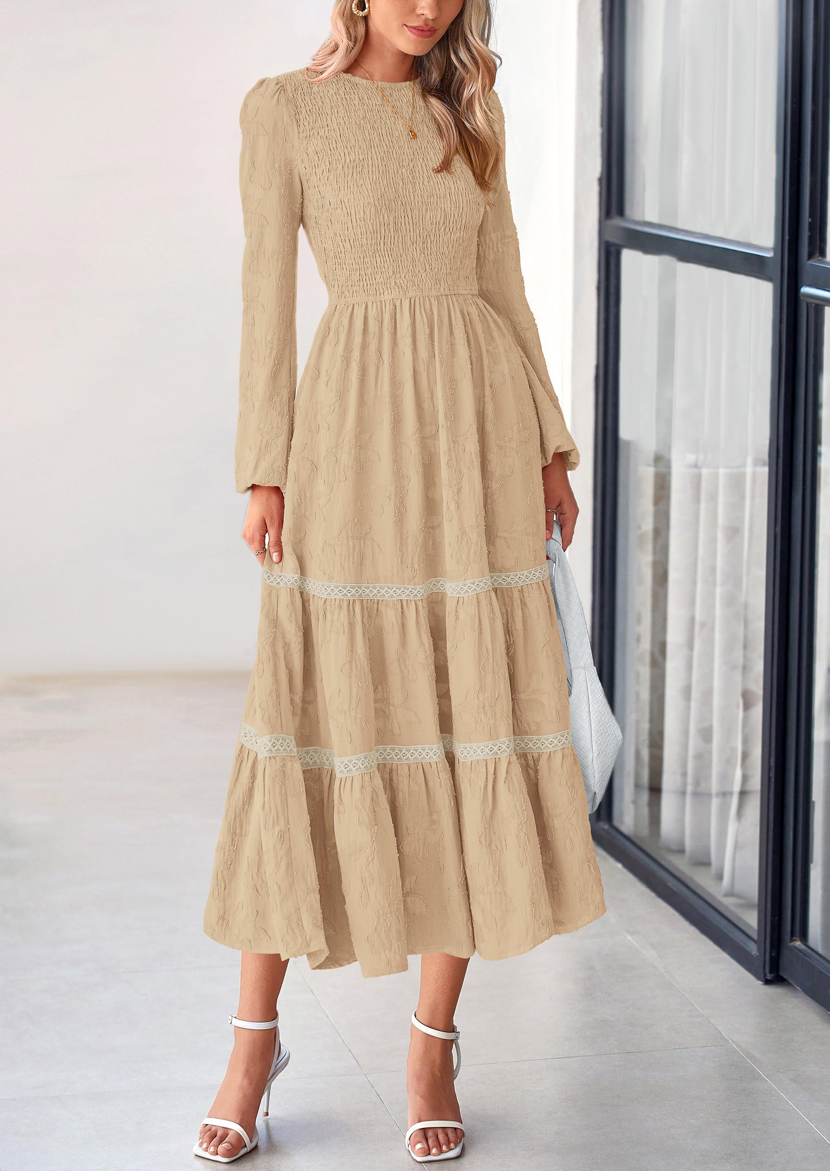 Women's Long Sleeve Boho Floral Midi Dress, Apricot,S