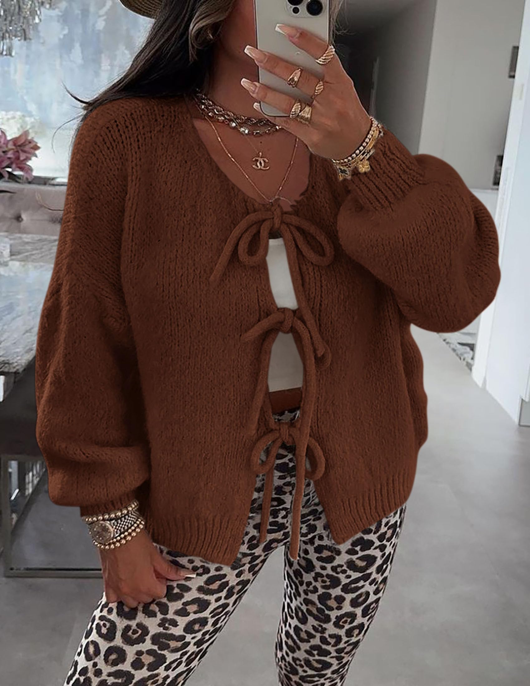 Women's Tie Front Bow Cardigan Sweaters(Caramel,Small)