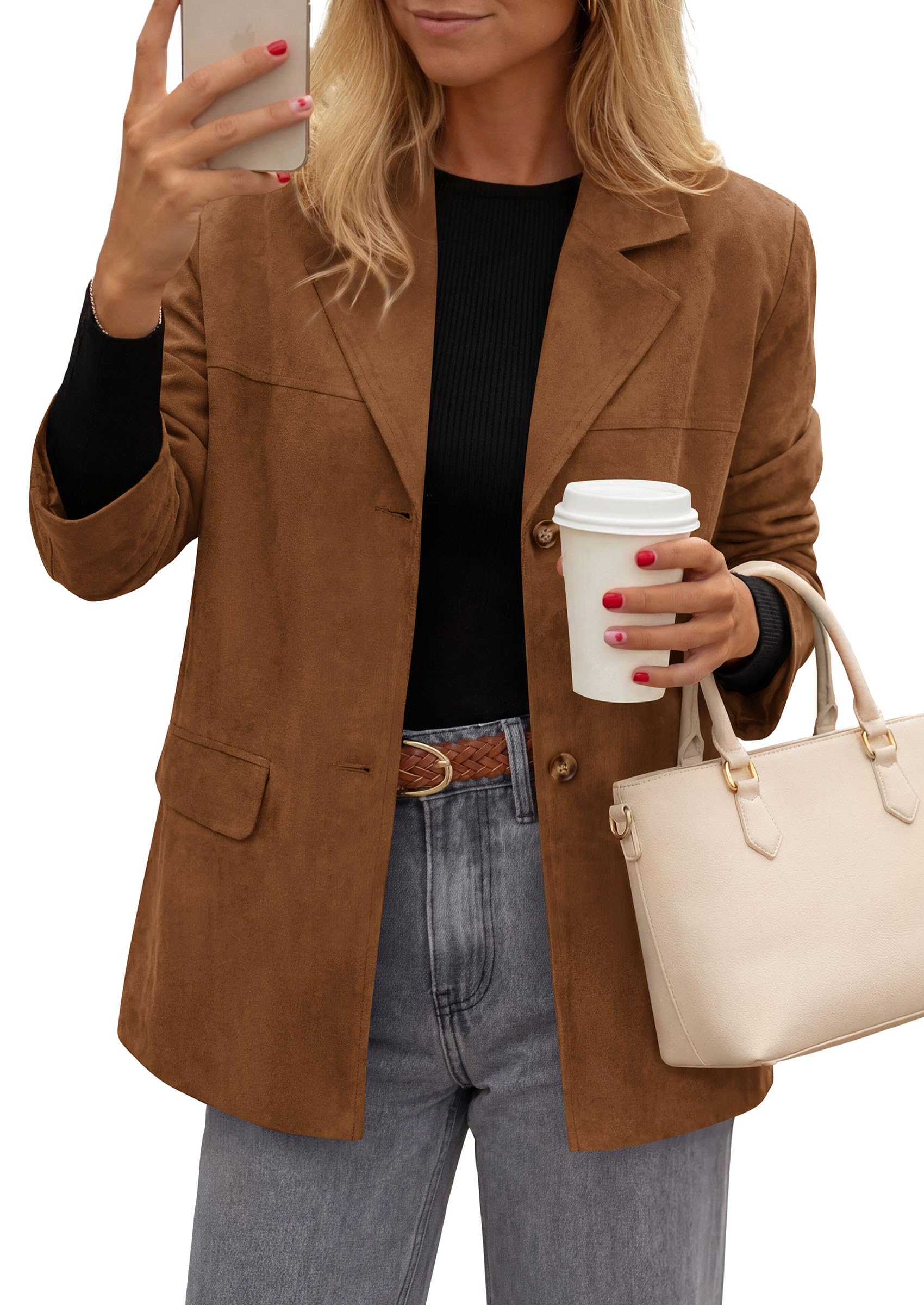 Blazers for Women Western Fall Faux Suede Jacket Light Brown
