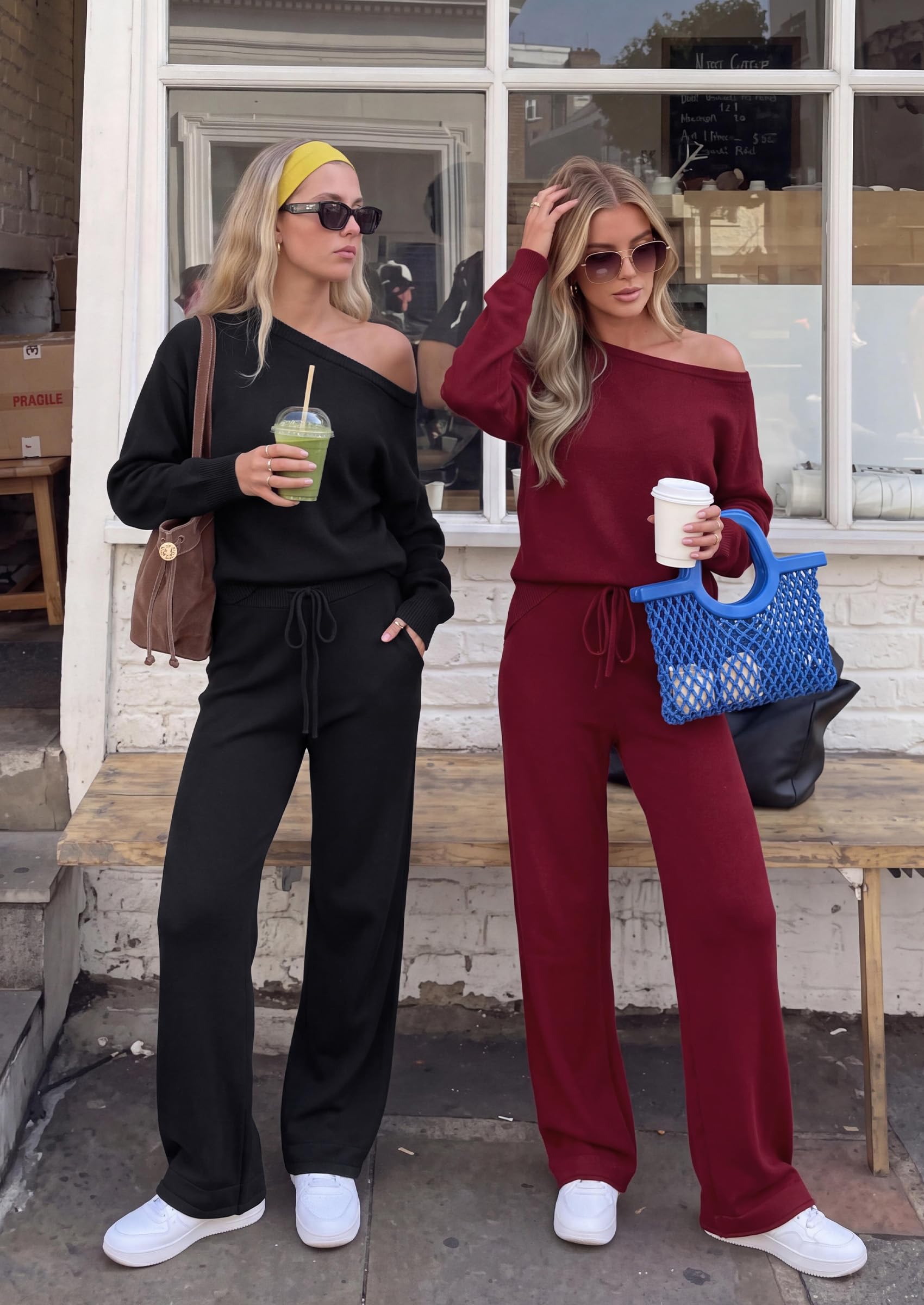 Lounge Sets Womens Sweaters Two Piece Outfits (Wine Red,S)