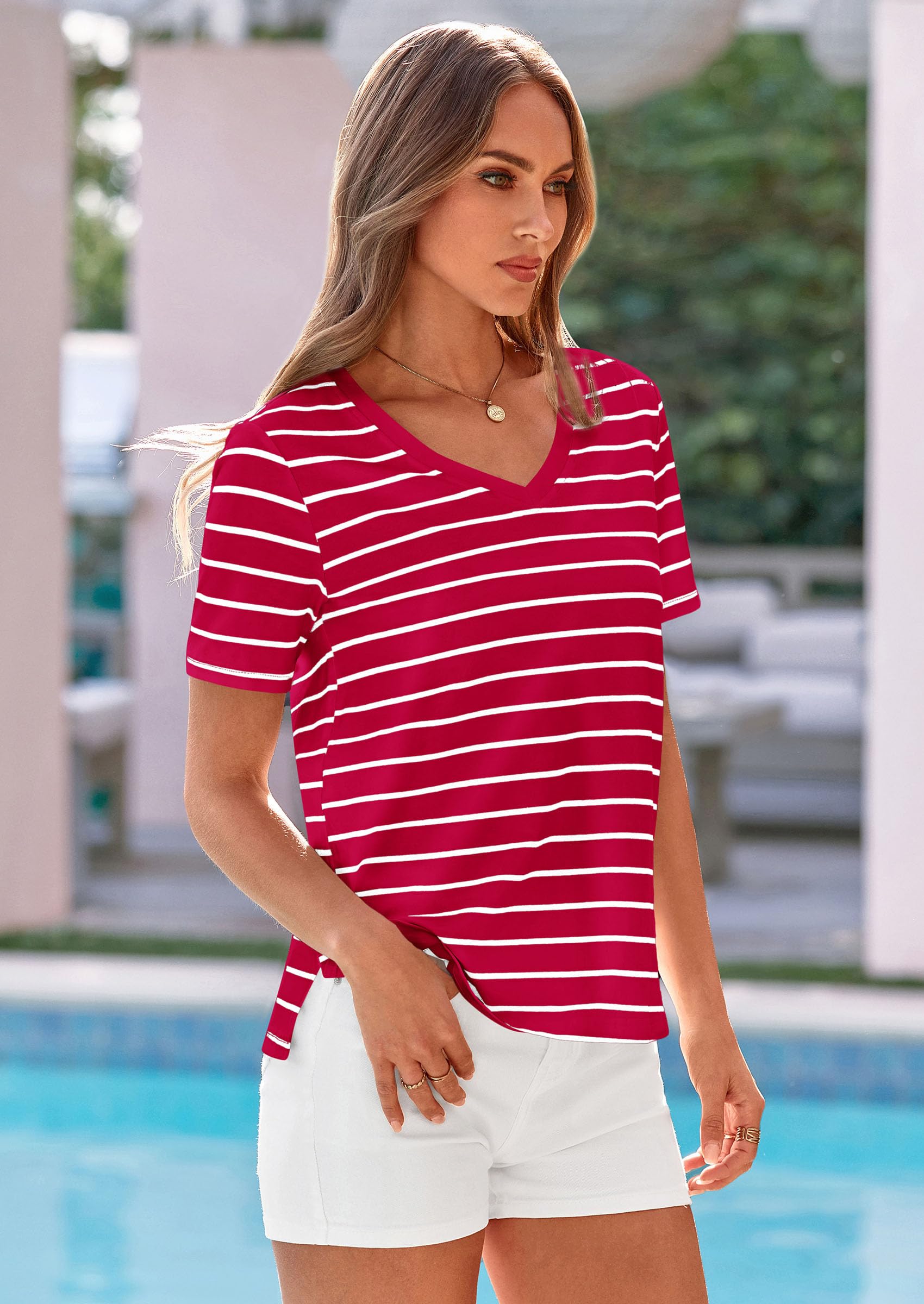 Striped Short Sleeve Womens Tops,Striped Red White,S