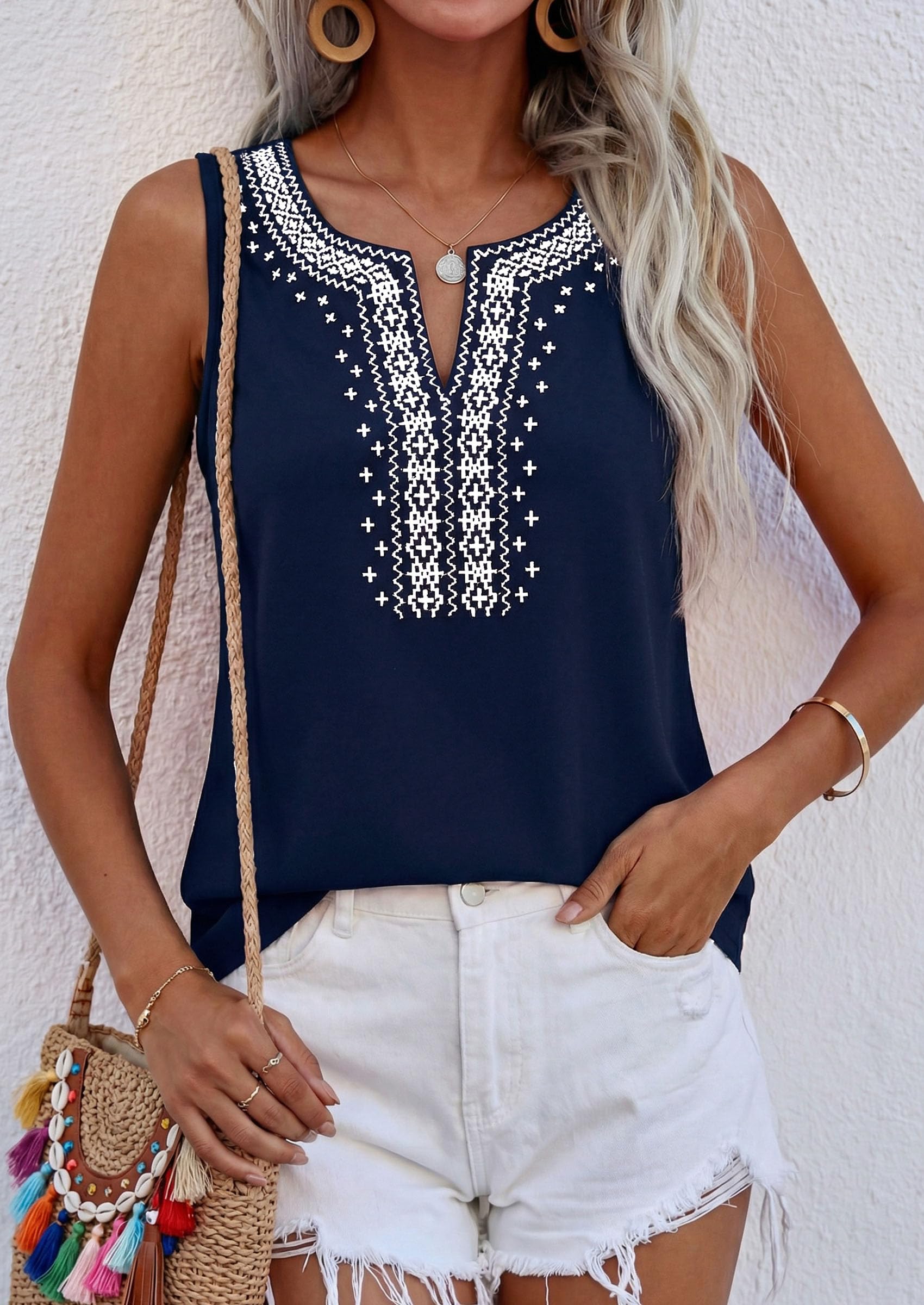 Womens Embroidered Sleeveless Tank Tops Navy,S