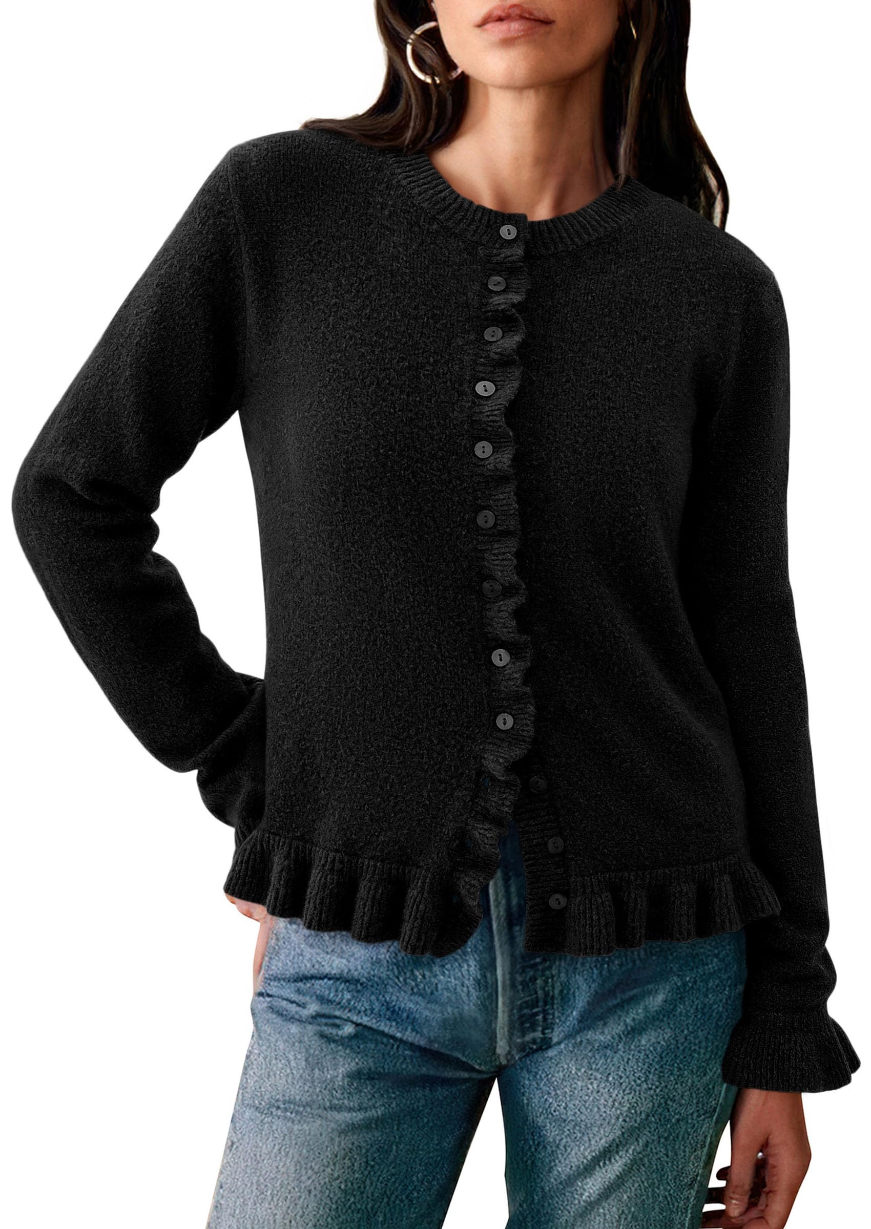 Womens Ruffle Button Down Cardigan Sweaters,Black,S