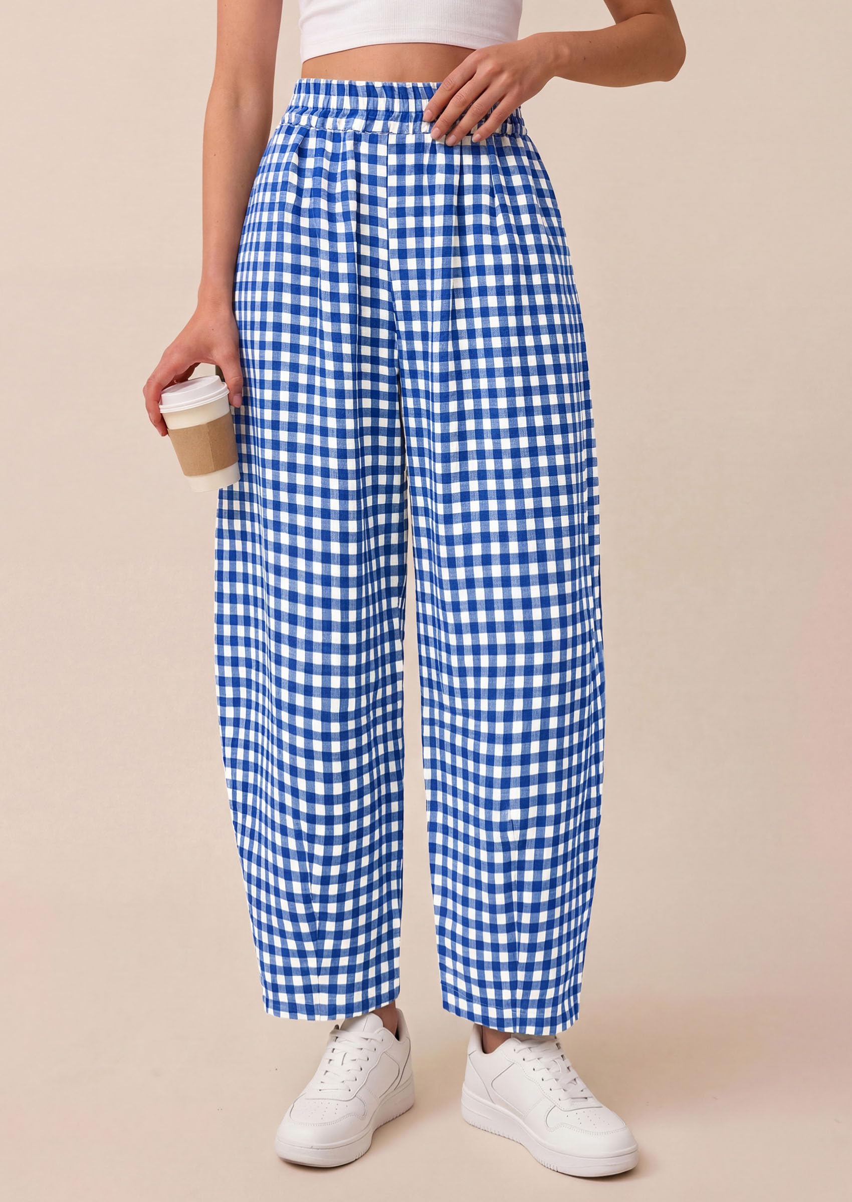 Plaid Barrel Pants Women Summer Bottoms, Blue Plaid,S