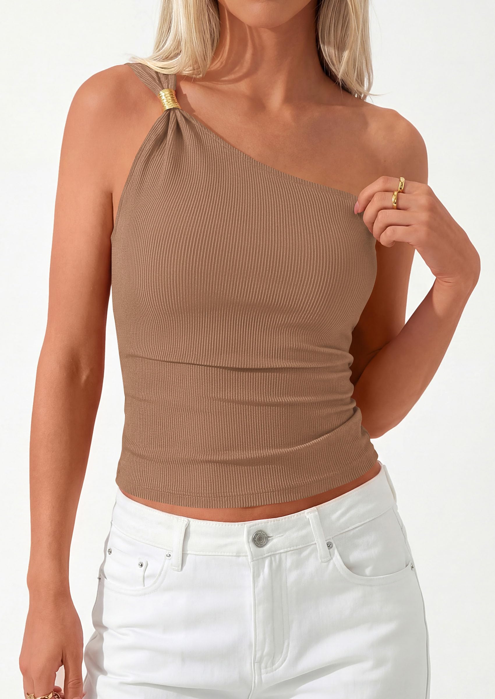 Women's Asymmetrical One Shoulder Y2K Tops, Khaki,S