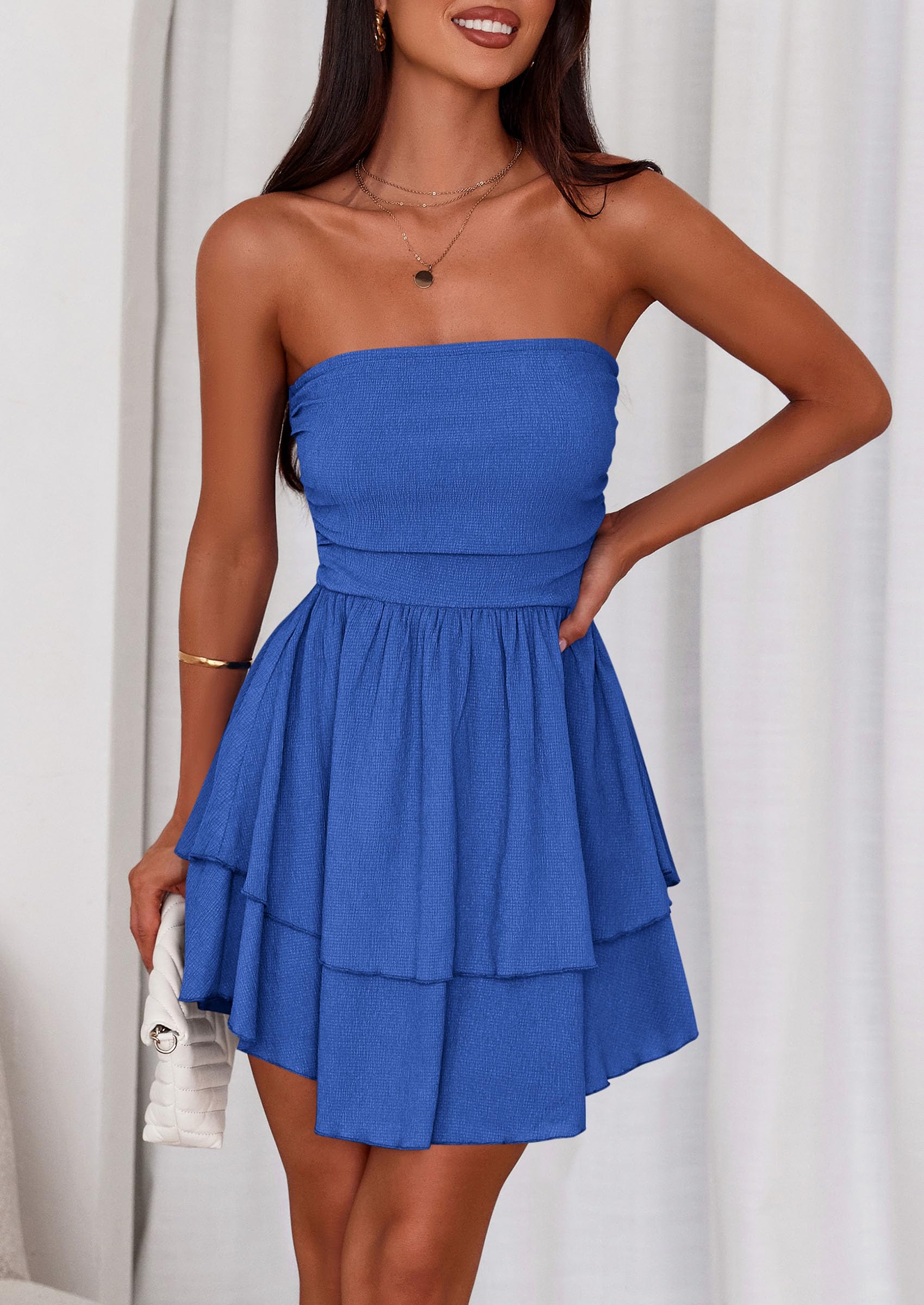 Women's Summer Strapless Flowy Mini Dresses (Royal Blue,S)