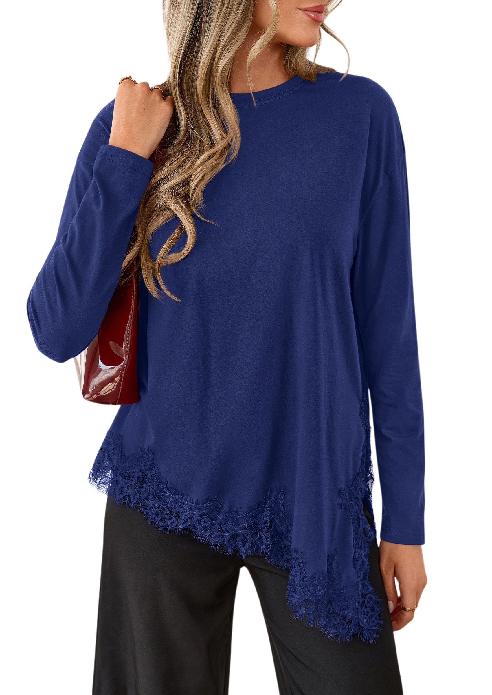 Women's Long Sleeve Asymmetrical Lace Tops Oversized Tshirts