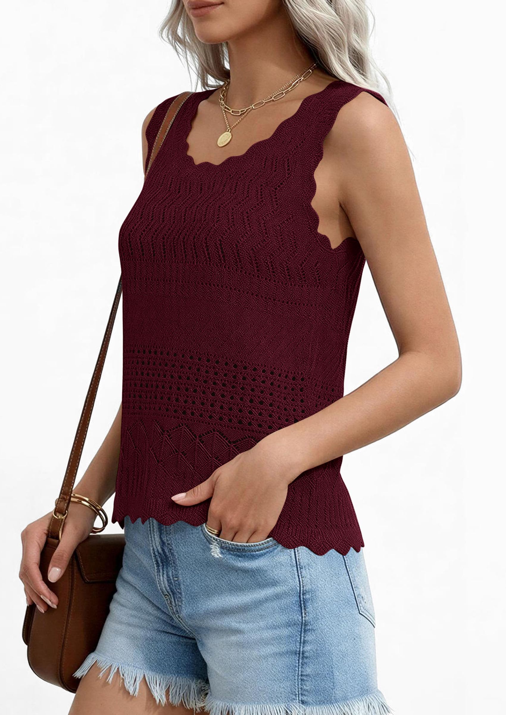 Womens Crochet Tank Tops Knit Sleeveless Vest,Wine Red,S