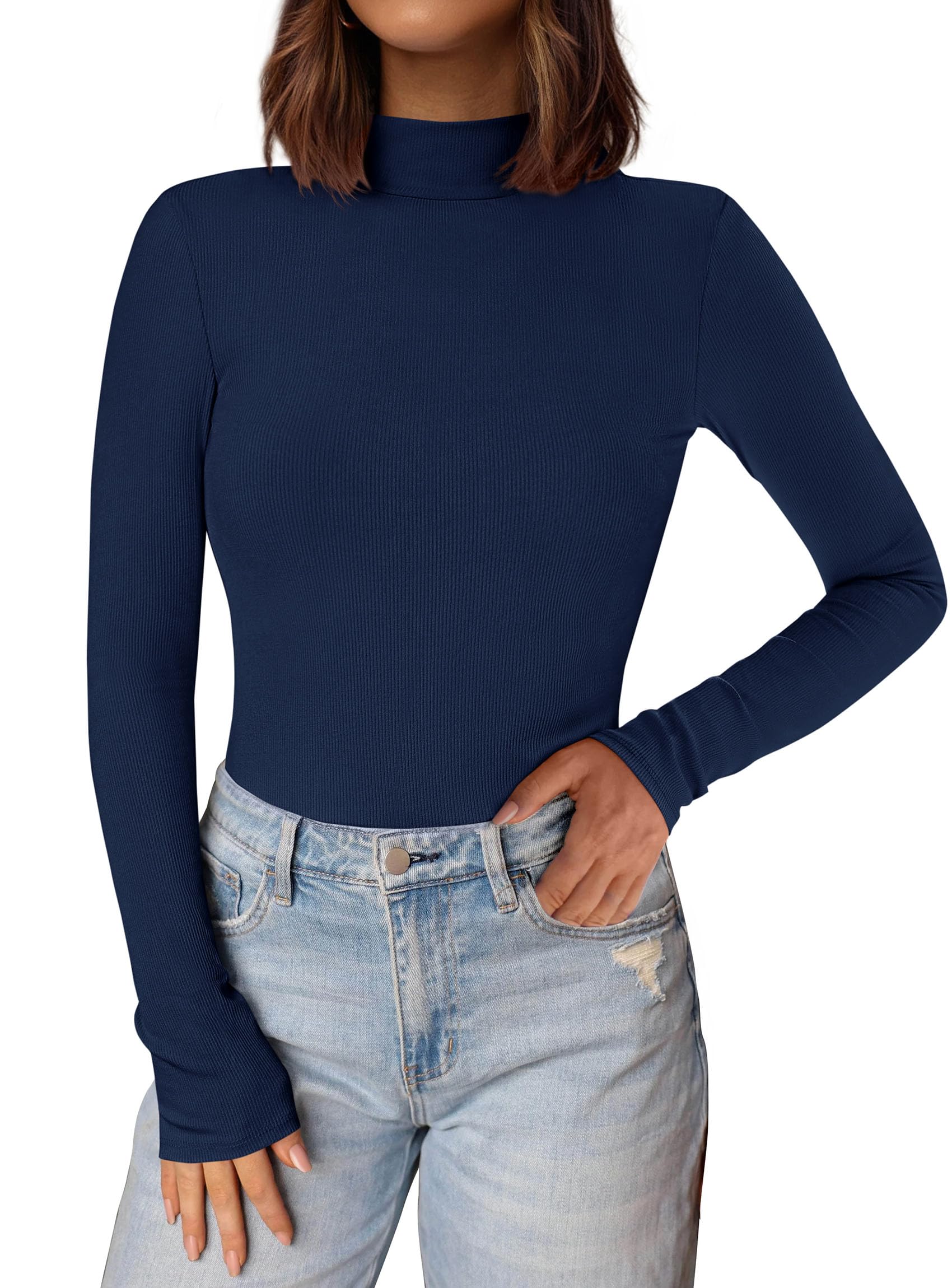 Womens Mock Turtleneck Fall Long Sleeve Shirts,Navy,XS