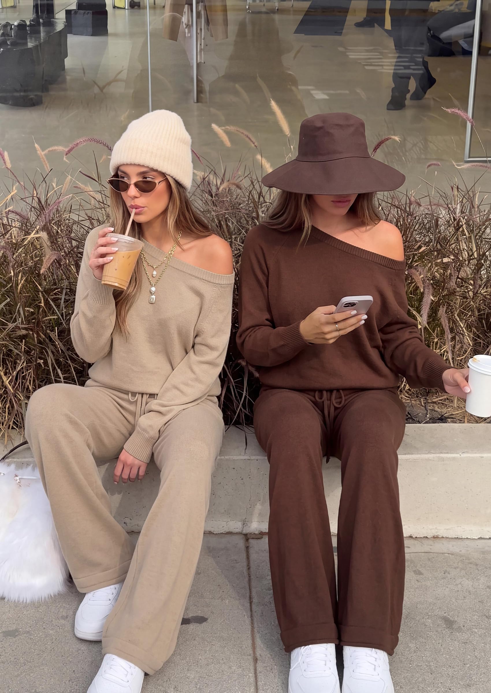 Lounge Sets Womens Sweaters Two Piece Outfits (Brown,S)