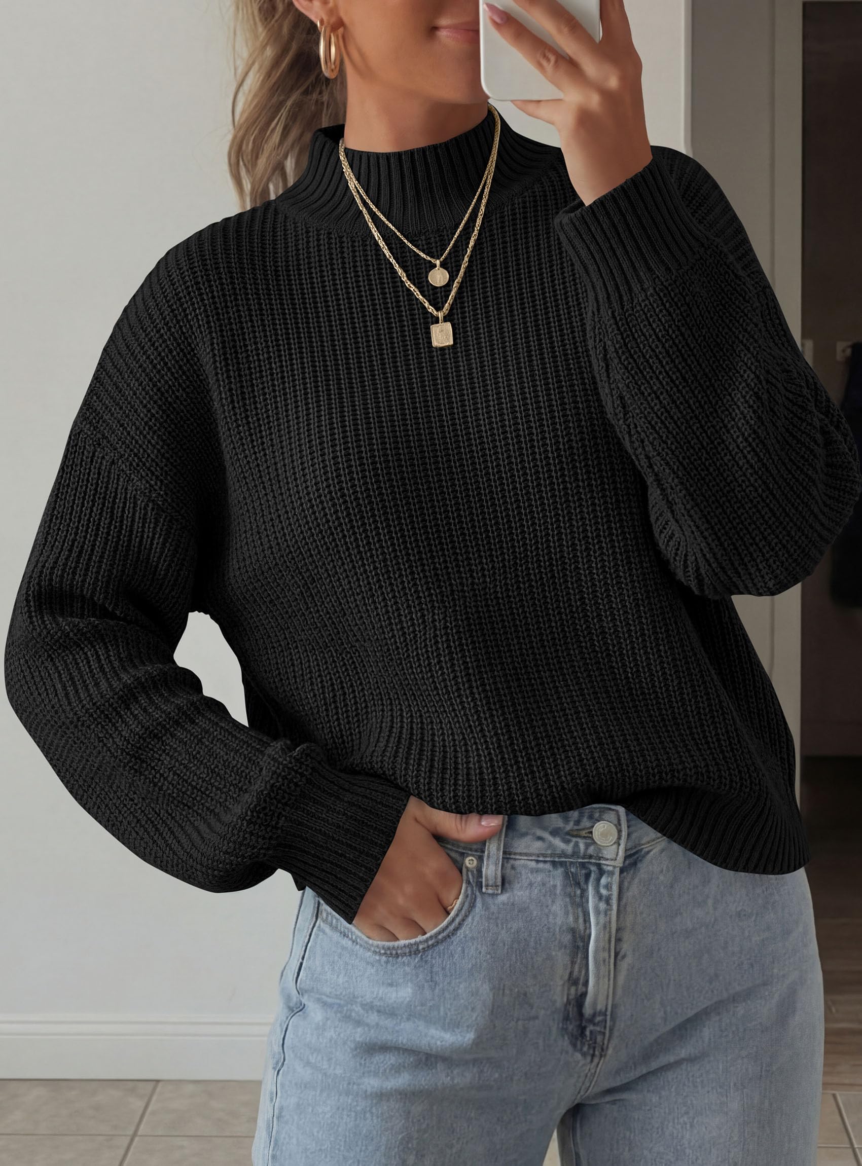 Women's Chunky Knit Fall Mock Turtleneck Pullover Sweaters