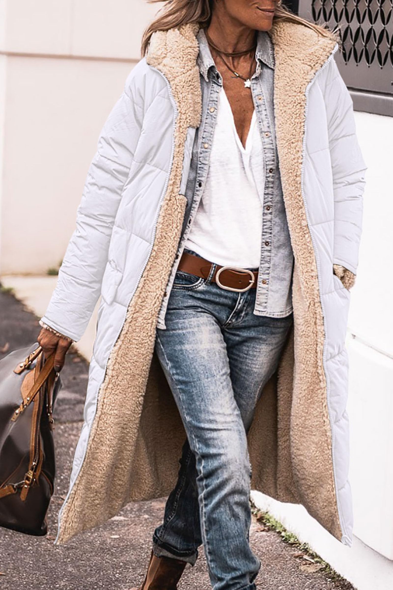 Womens Long Coats 2025 Winter Warm Reversible Shaggy Fleece Hoodie Jackets Outwear (White,Small)