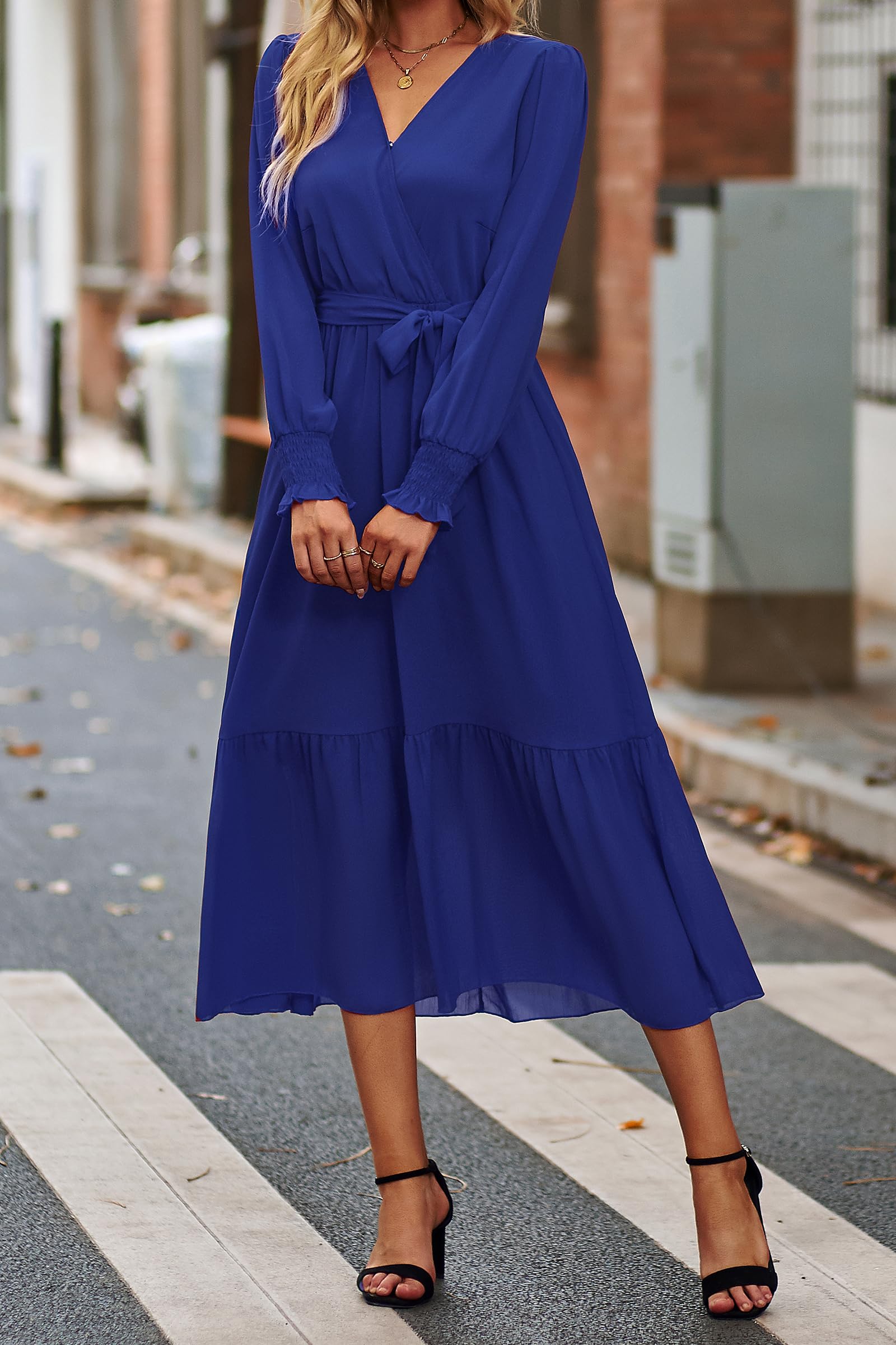 Women's Boho Long Sleeve Maxi Dress, Solid Blue,S