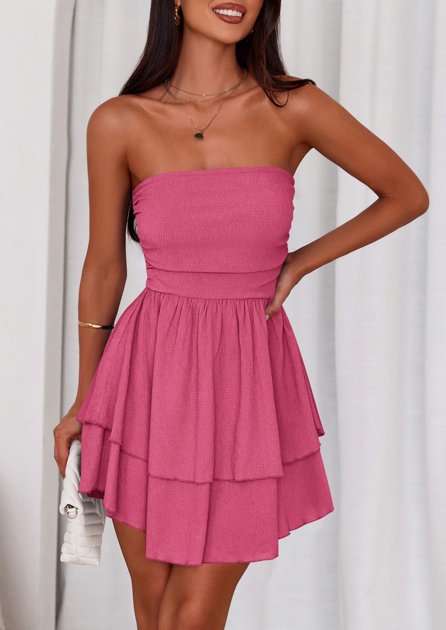 Women's Summer Strapless Flowy Mini Dresses (Rose Red,S)