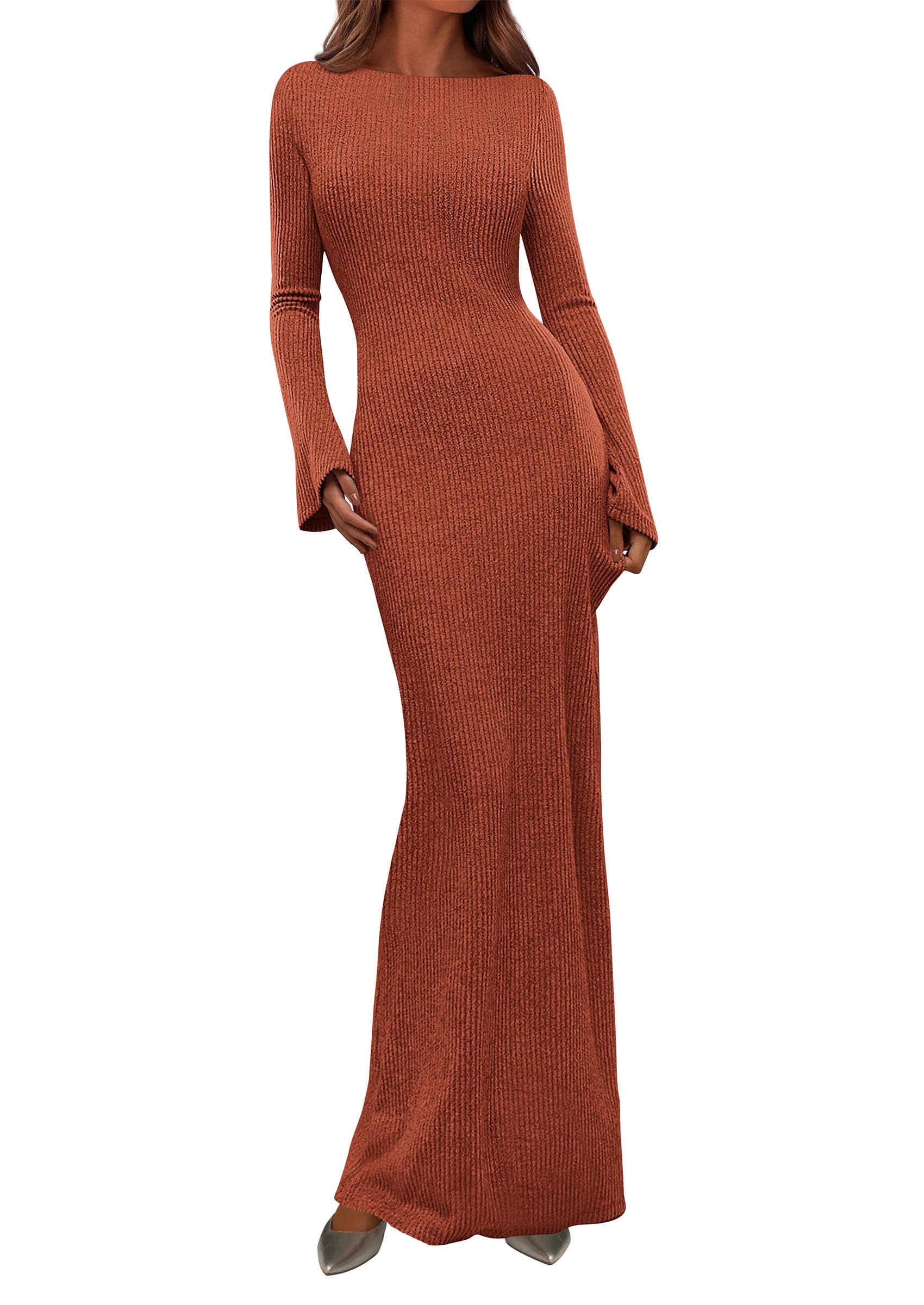 Women's Fall Long Sleeve Bodycon Maxi Dresses Burnt Orange,M