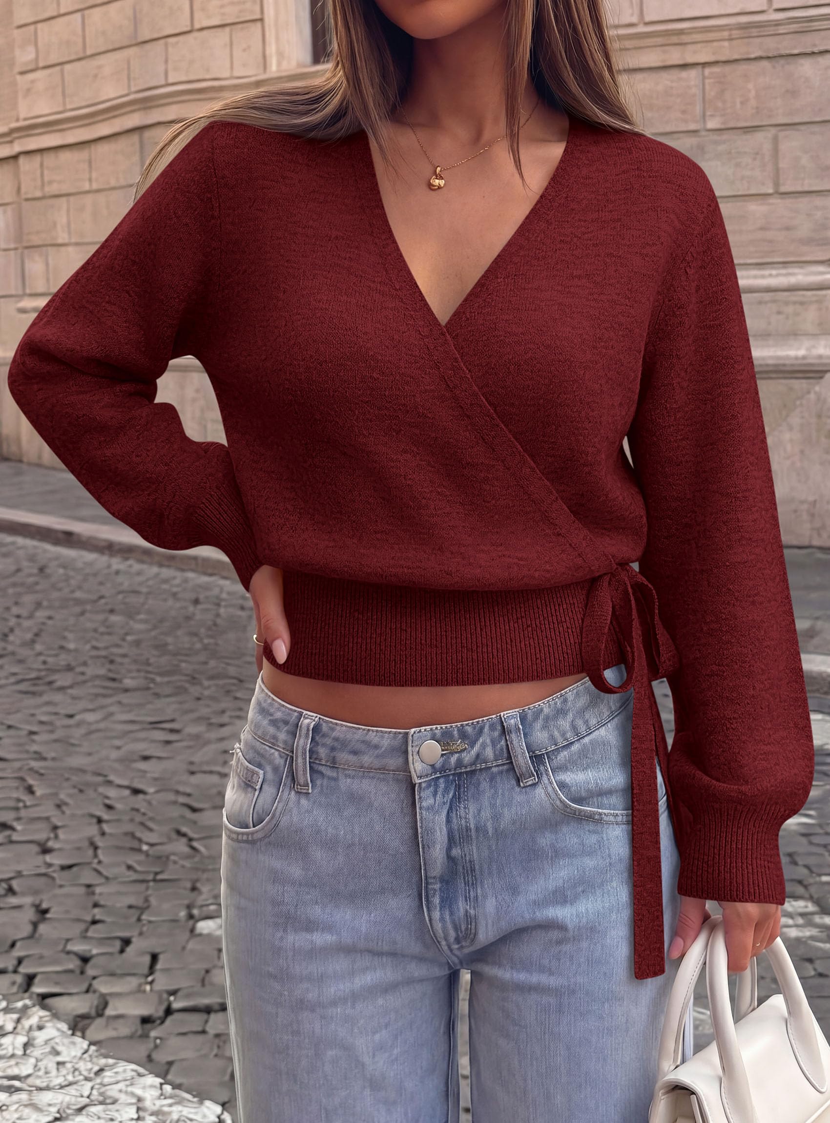 V Neck Wrap Sweaters for Women Fall Outifts Pullover Wine Red