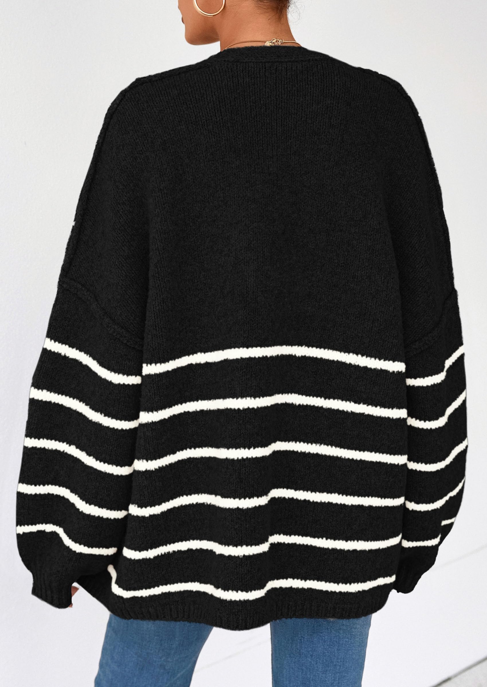 Womens Oversized Cardigan Sweaters 2026 Fall Long Lantern Sleeve Knit Open Front Lightweight Sweater (Striped Black White,Small)