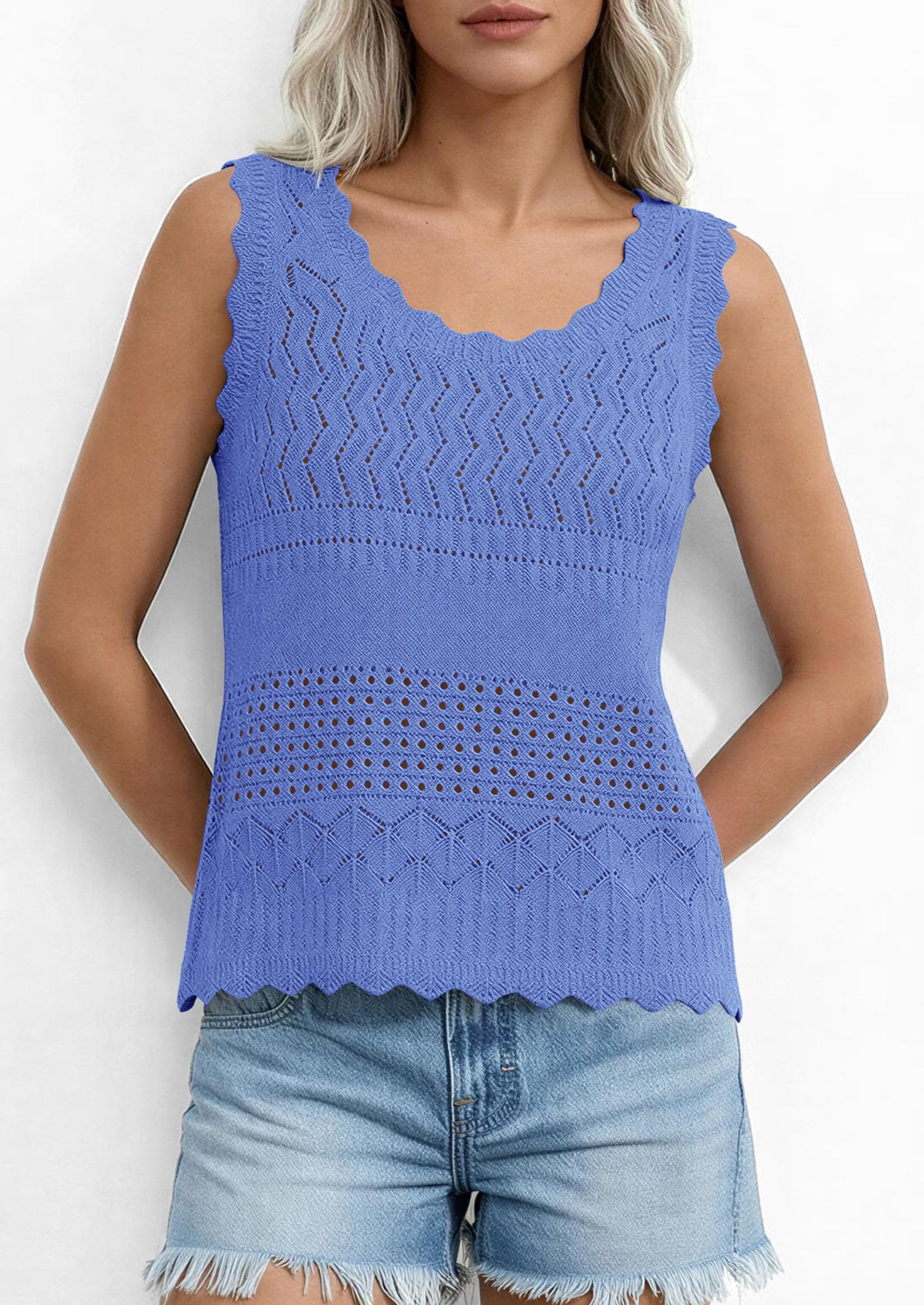 Womens Crochet Tank Tops Knit Sleeveless Vest,Blue,S