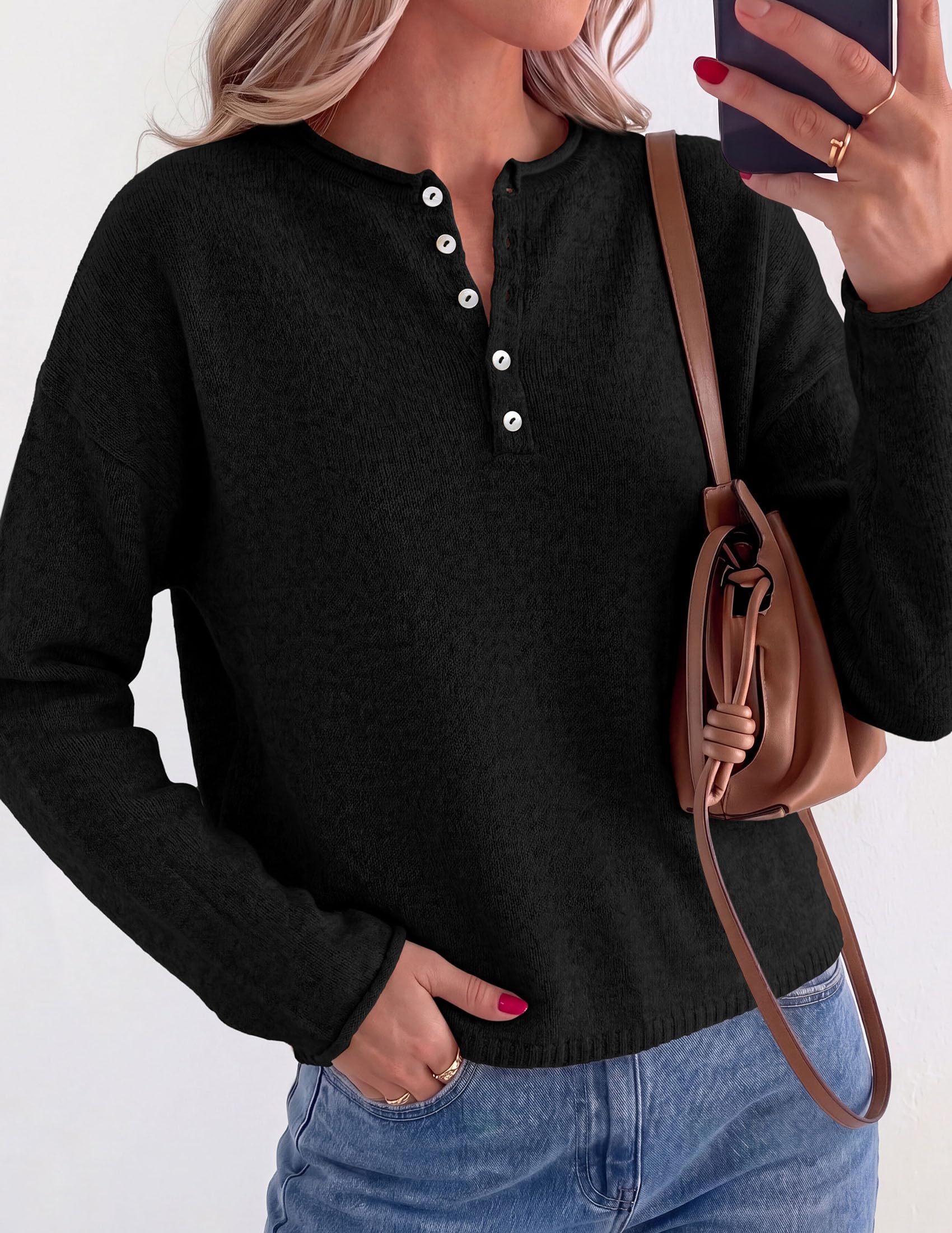 Women's Henley Cozy Sweaters Button Up Pullover Black S
