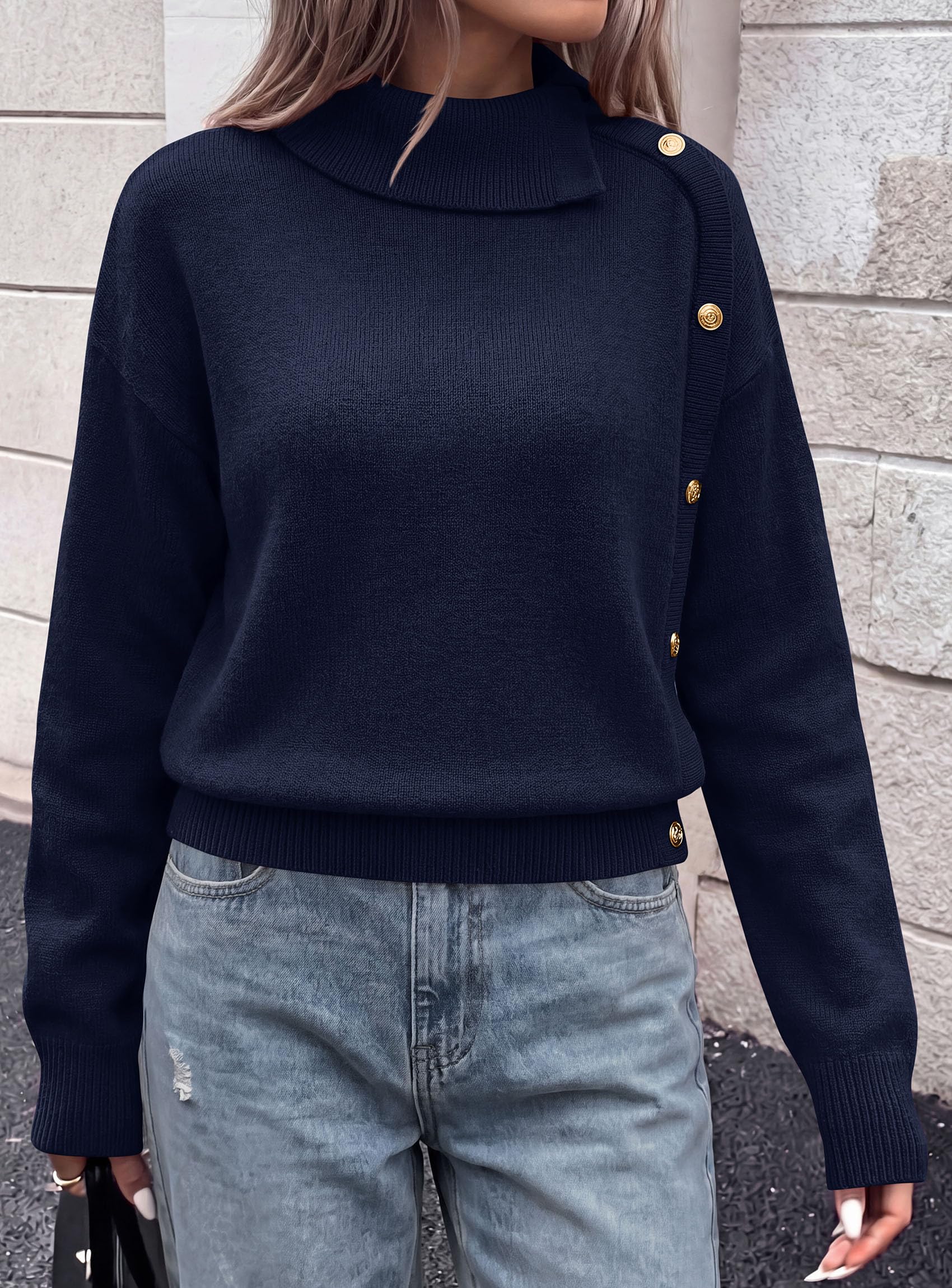 Womens Turtleneck Sweater Pullover Side Button Fall Clothes