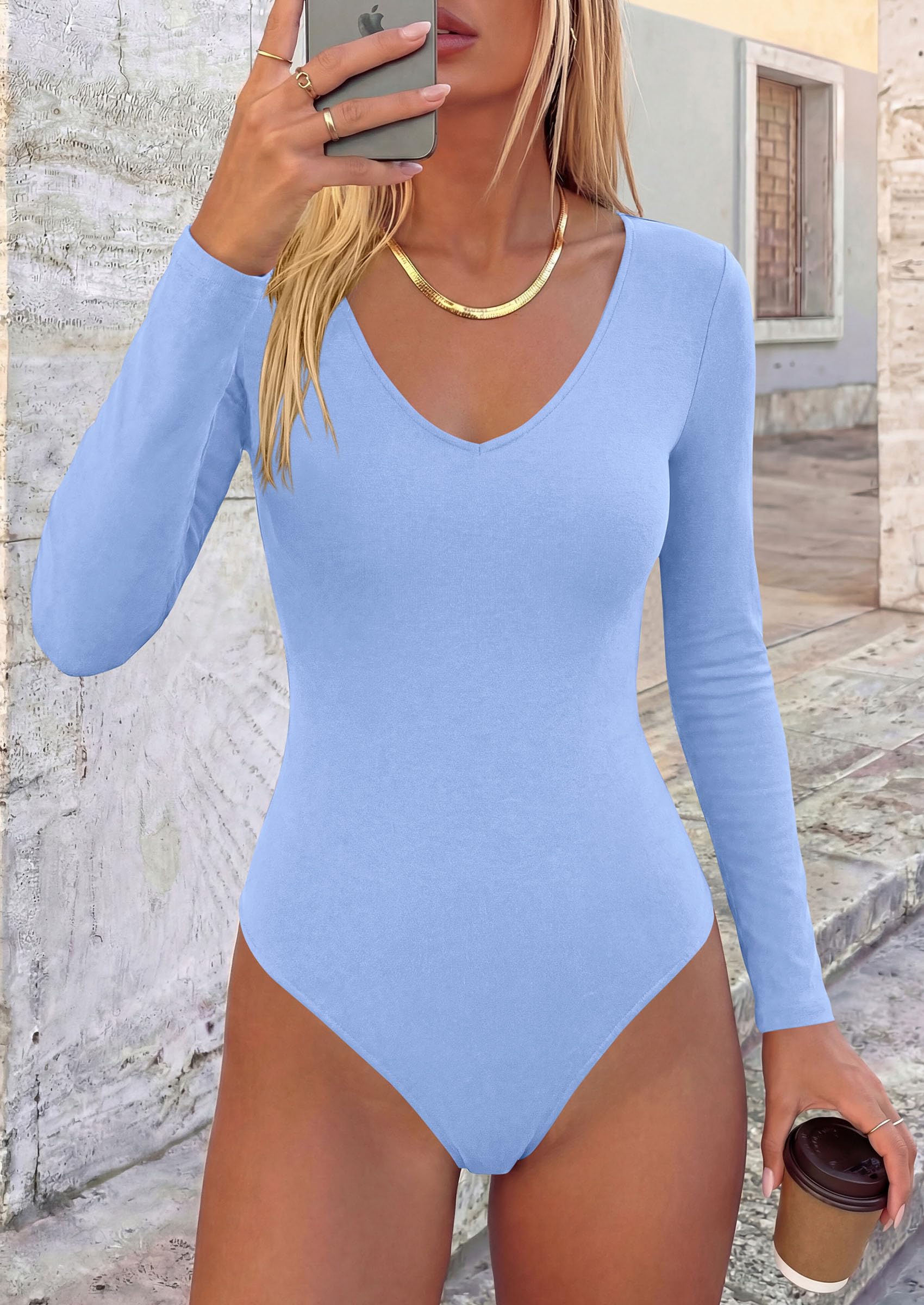 Women's V Neck Long Sleeve Bodysuits Tops (Light Blue,XS)