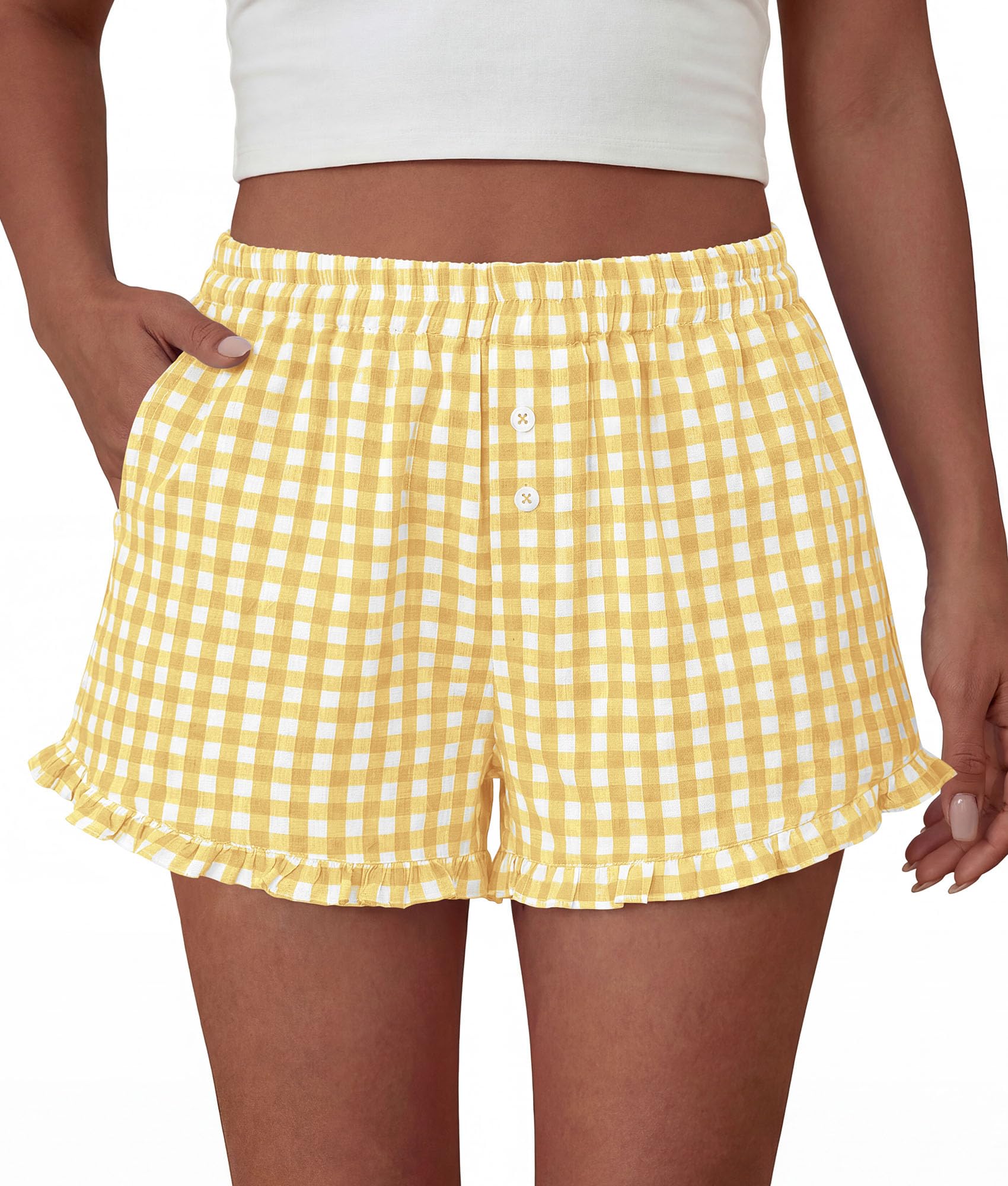 Womens Boxer Shorts Striped Gingham Ruffle Pajama Bottoms